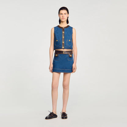 Sandro Denim and leather top Dark Blue