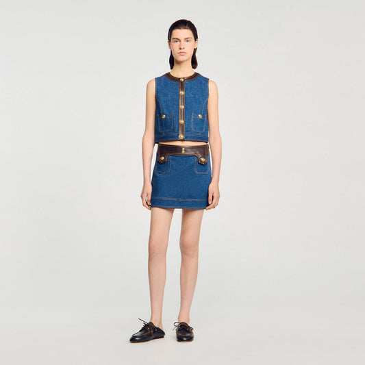 Sandro Denim and leather top Dark Blue