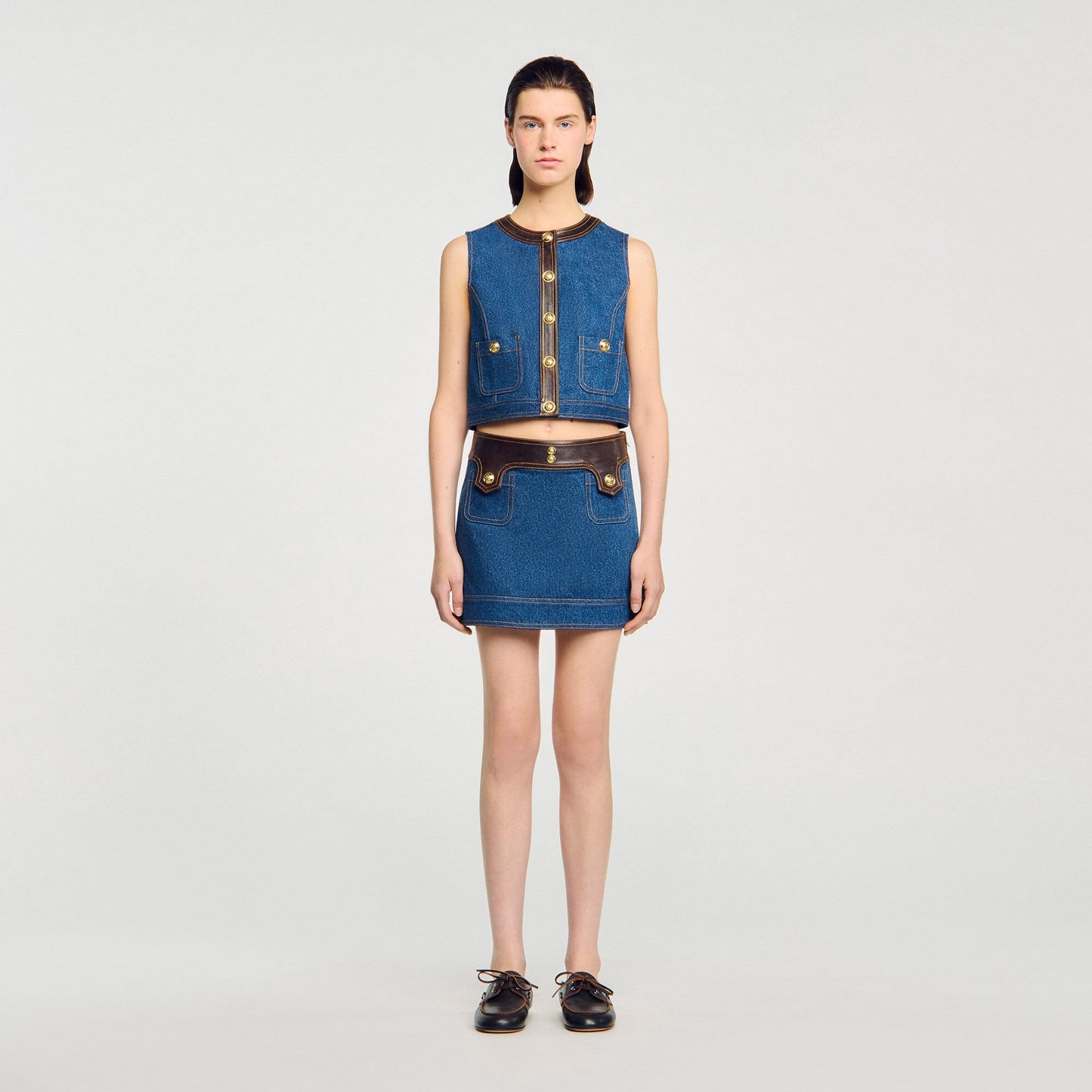 Sandro Denim and leather top Dark Blue