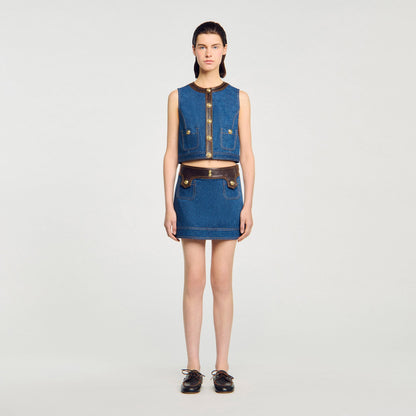 Sandro Denim and leather top Dark Blue