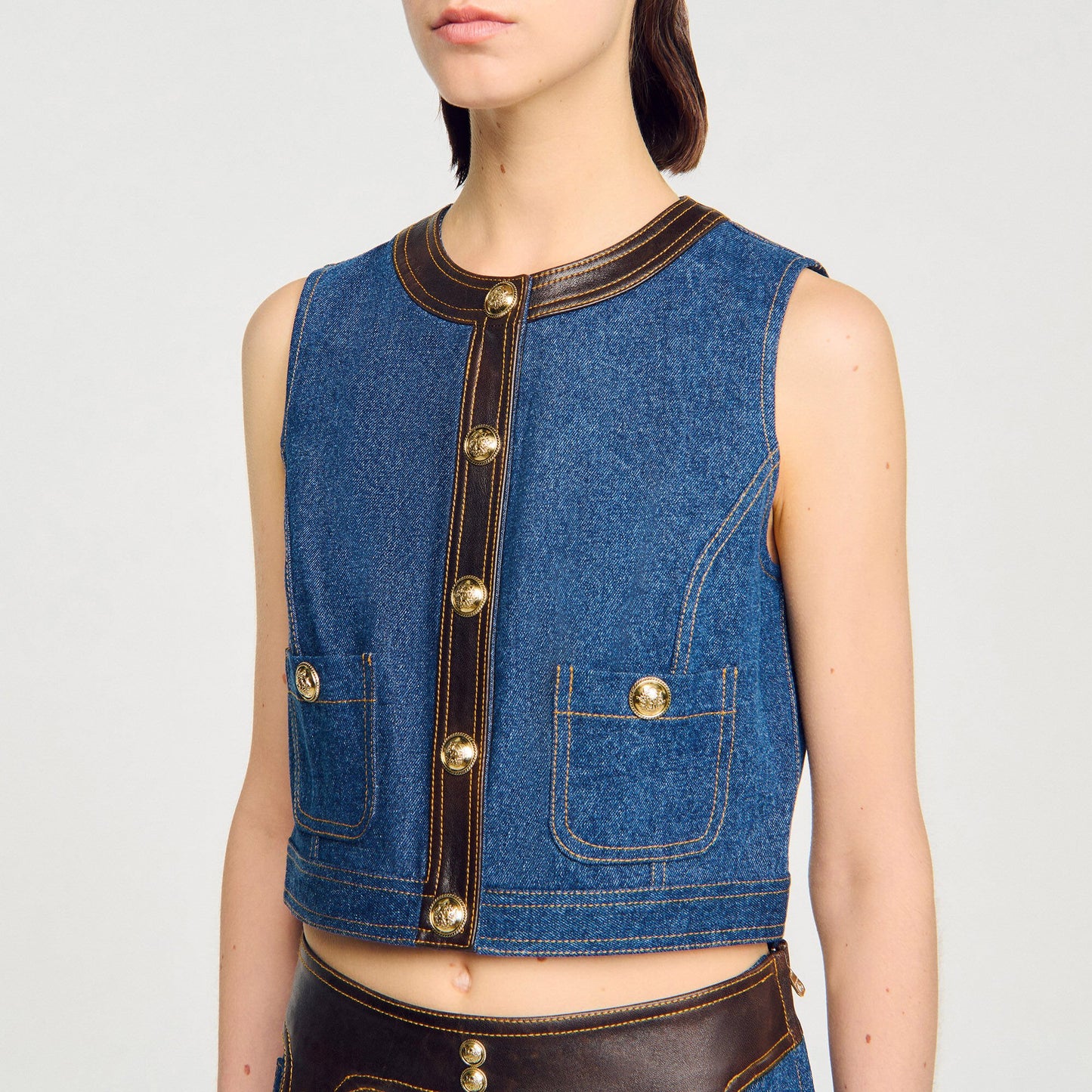 Sandro Denim and leather top Dark Blue