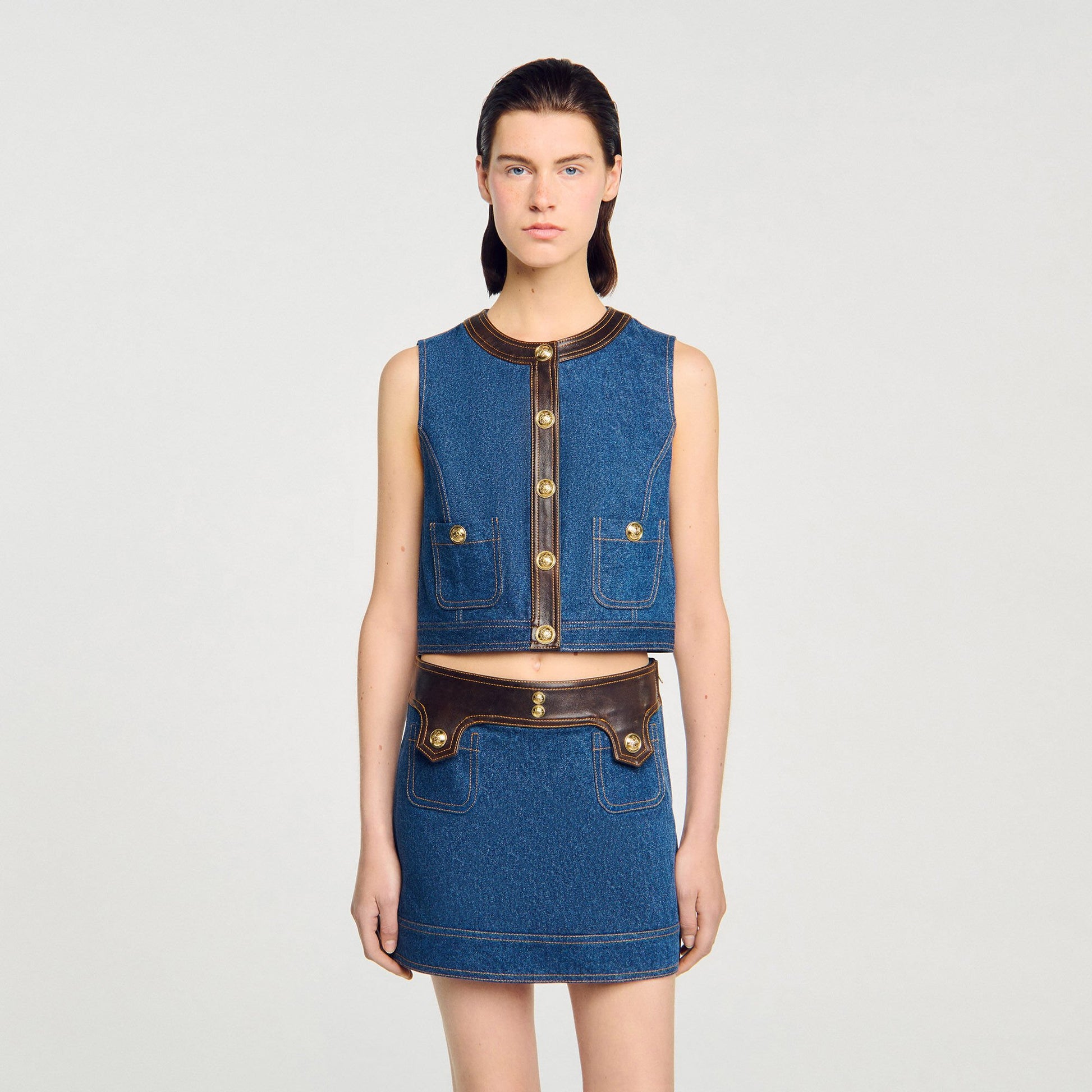 Sandro Denim and leather top Dark Blue