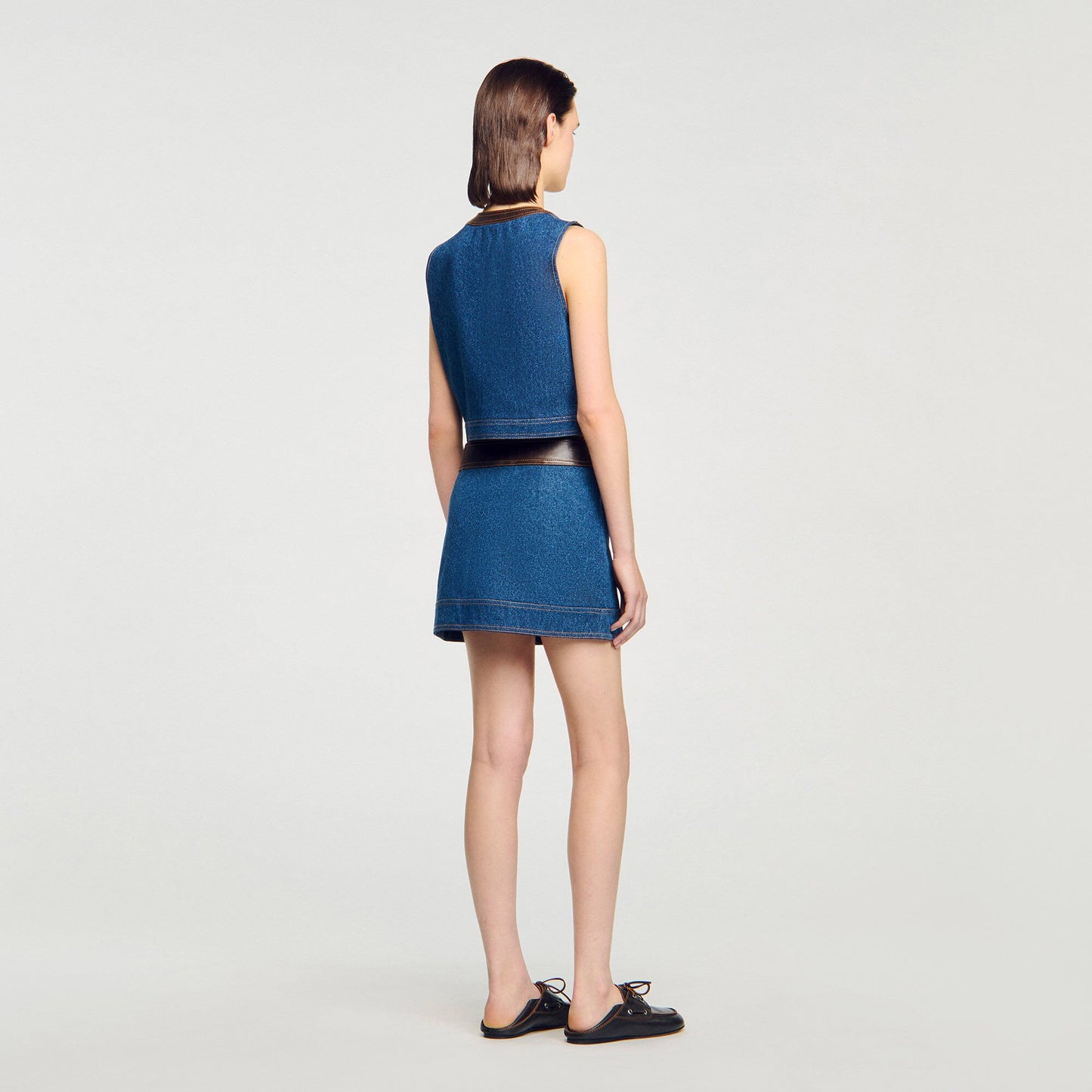 Sandro Denim and leather top Dark Blue