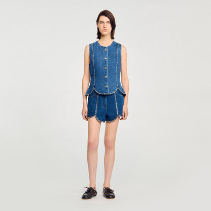 Sandro Rhinestone denim top Blue Jean