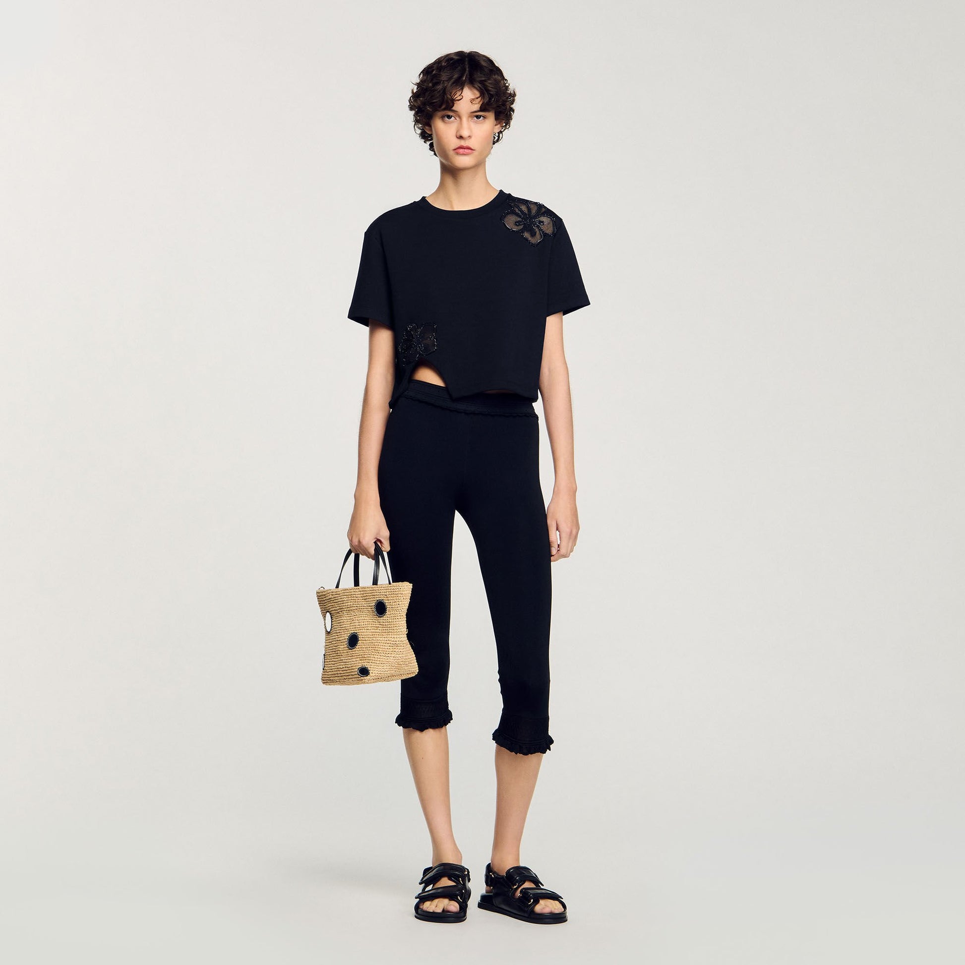 Sandro Floral embroidery T-shirt Black