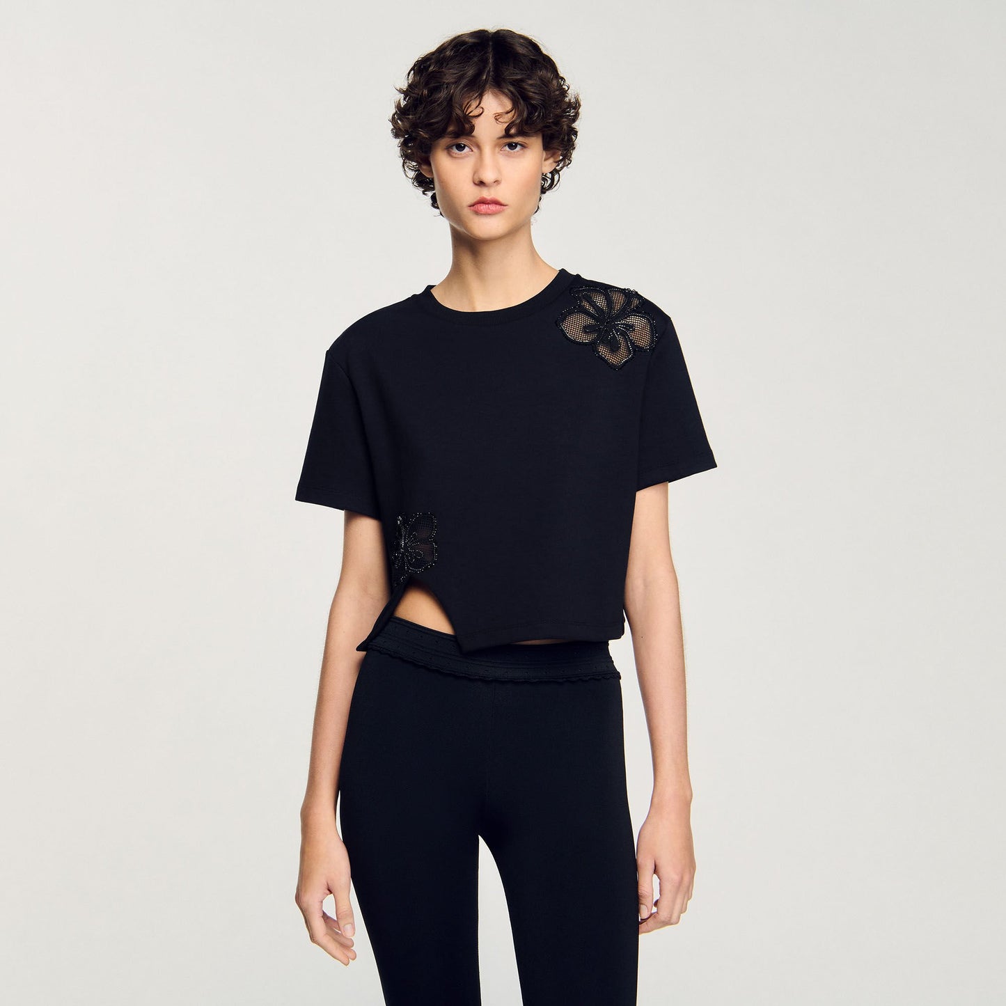 Sandro Floral embroidery T-shirt Black