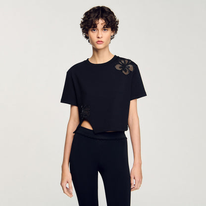 Sandro Floral embroidery T-shirt Black
