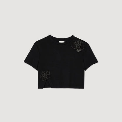 Sandro Floral embroidery T-shirt Black