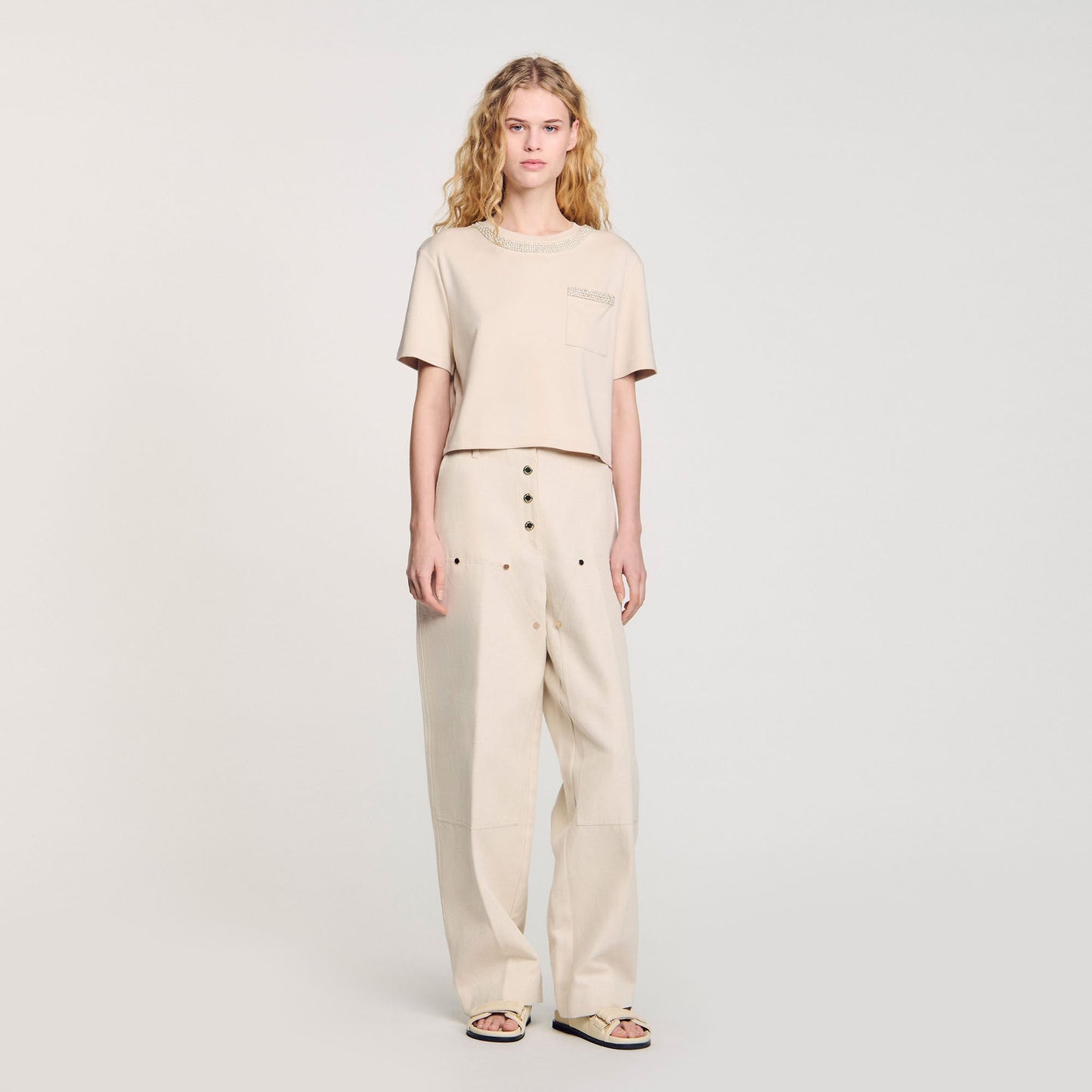 Sandro T-shirt with rhinestone details Beige