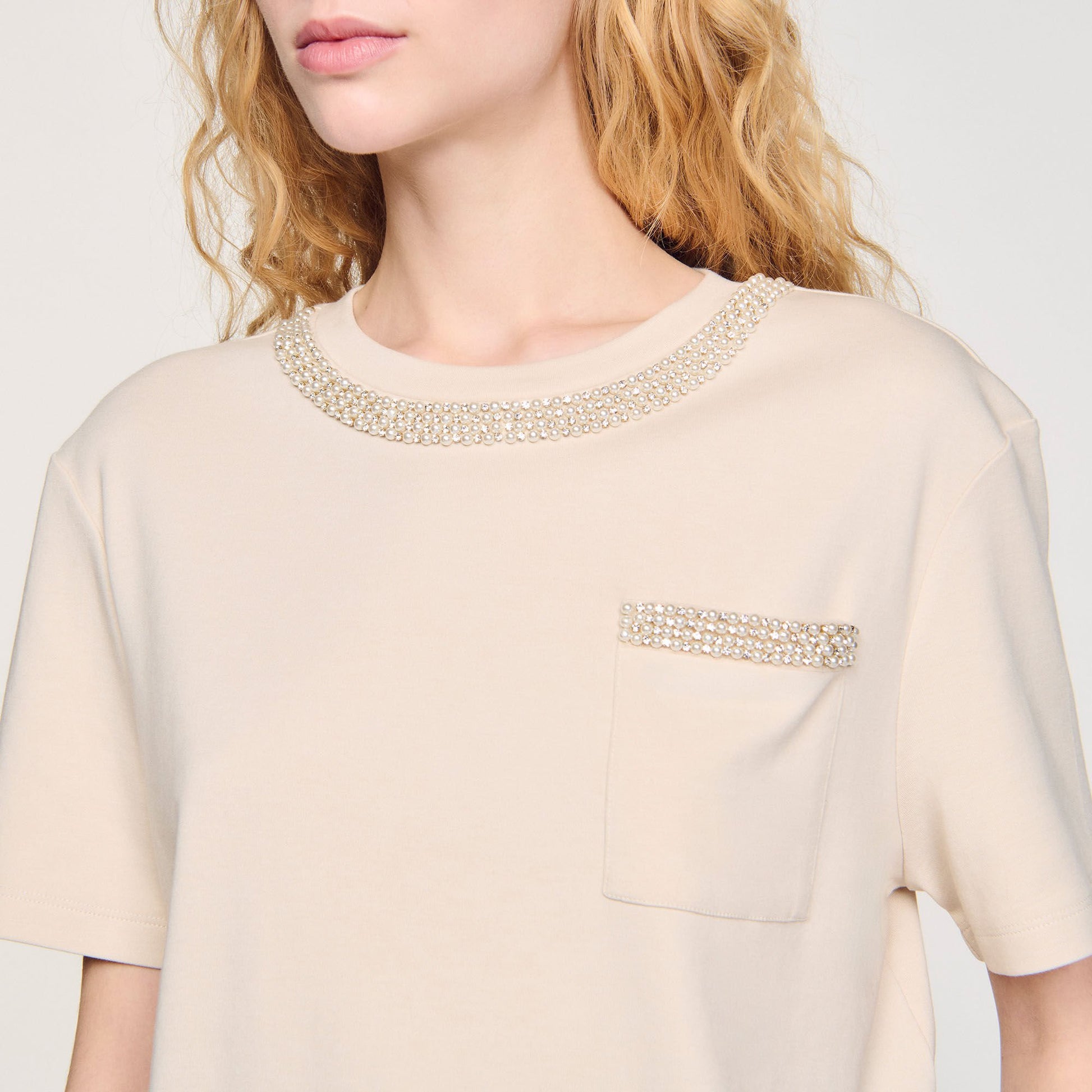 Sandro T-shirt with rhinestone details Beige