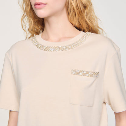 Sandro T-shirt with rhinestone details Beige