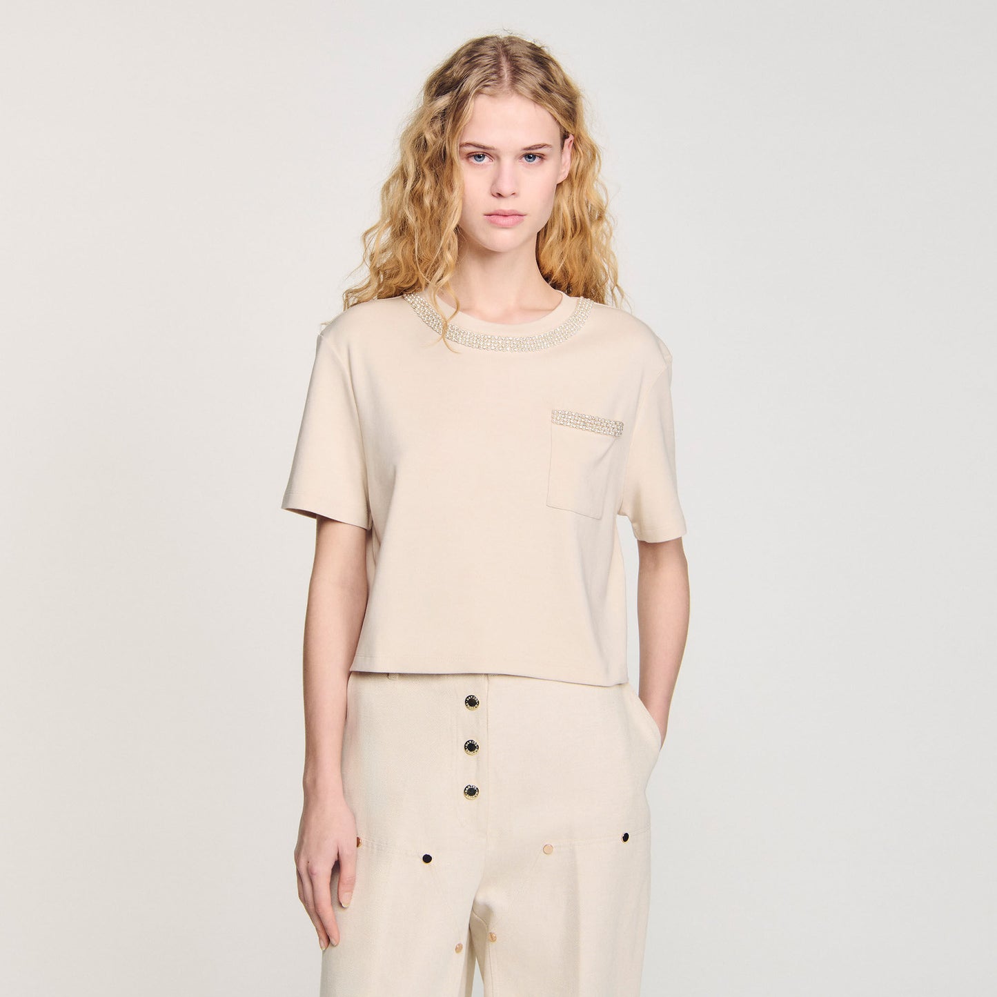 Sandro T-shirt with rhinestone details Beige