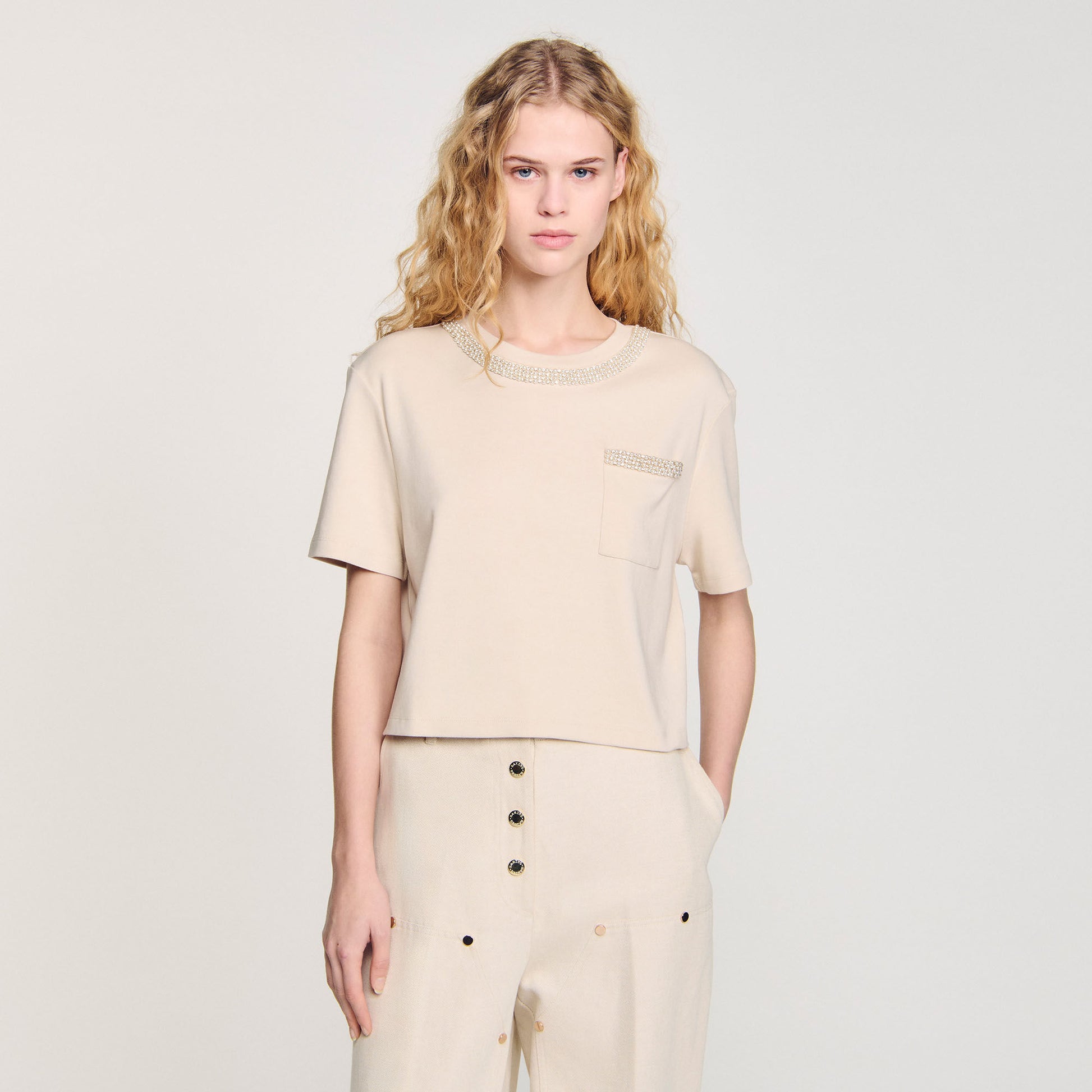 Sandro T-shirt with rhinestone details Beige