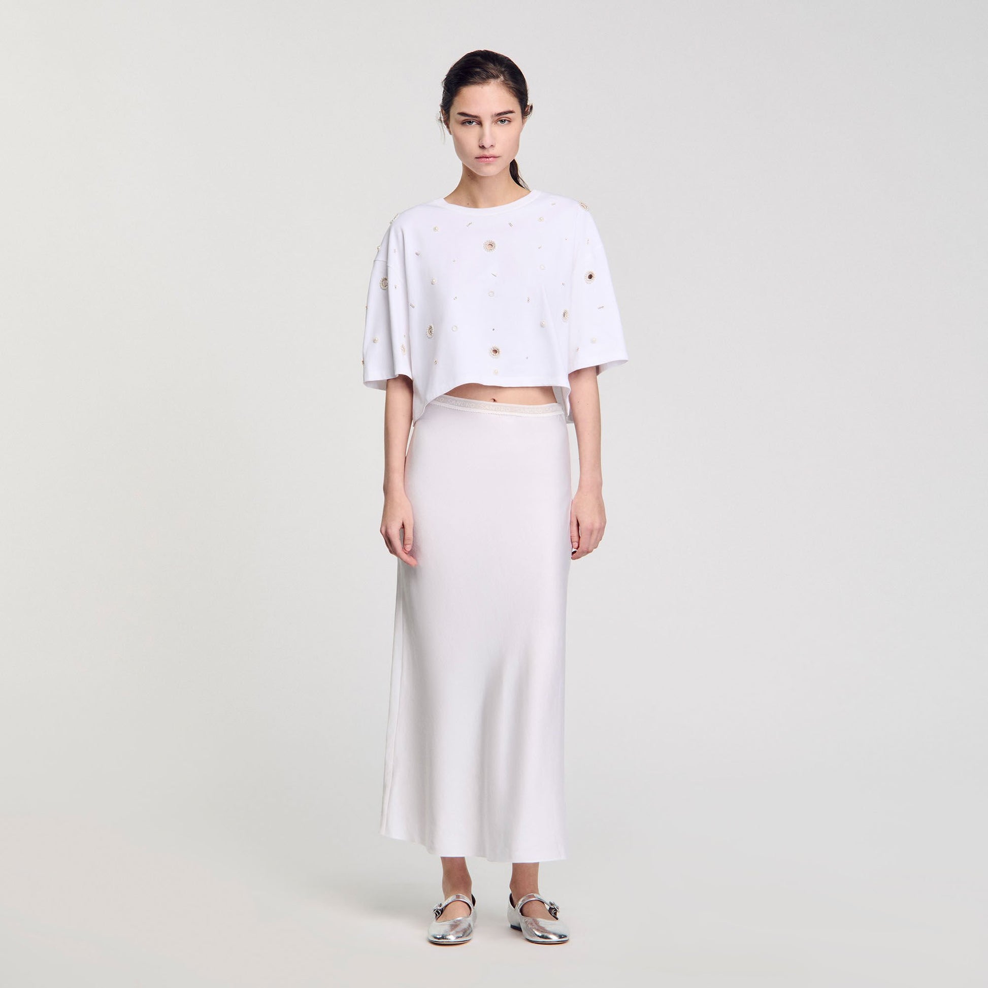 Sandro Cropped pearl bead T-shirt White