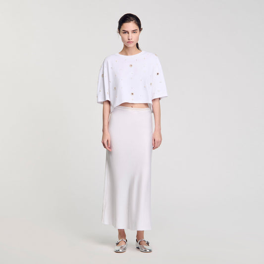 Sandro Cropped pearl bead T-shirt White