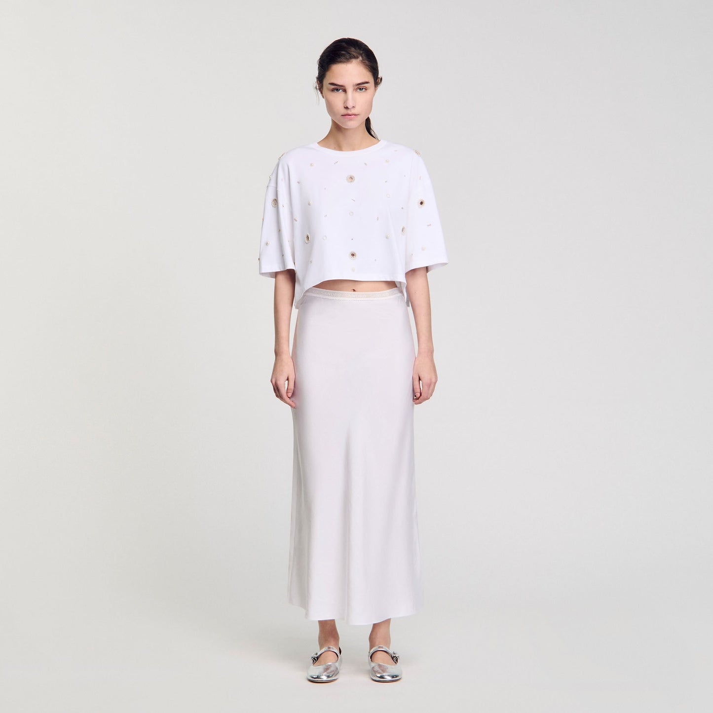 Sandro Cropped pearl bead T-shirt White