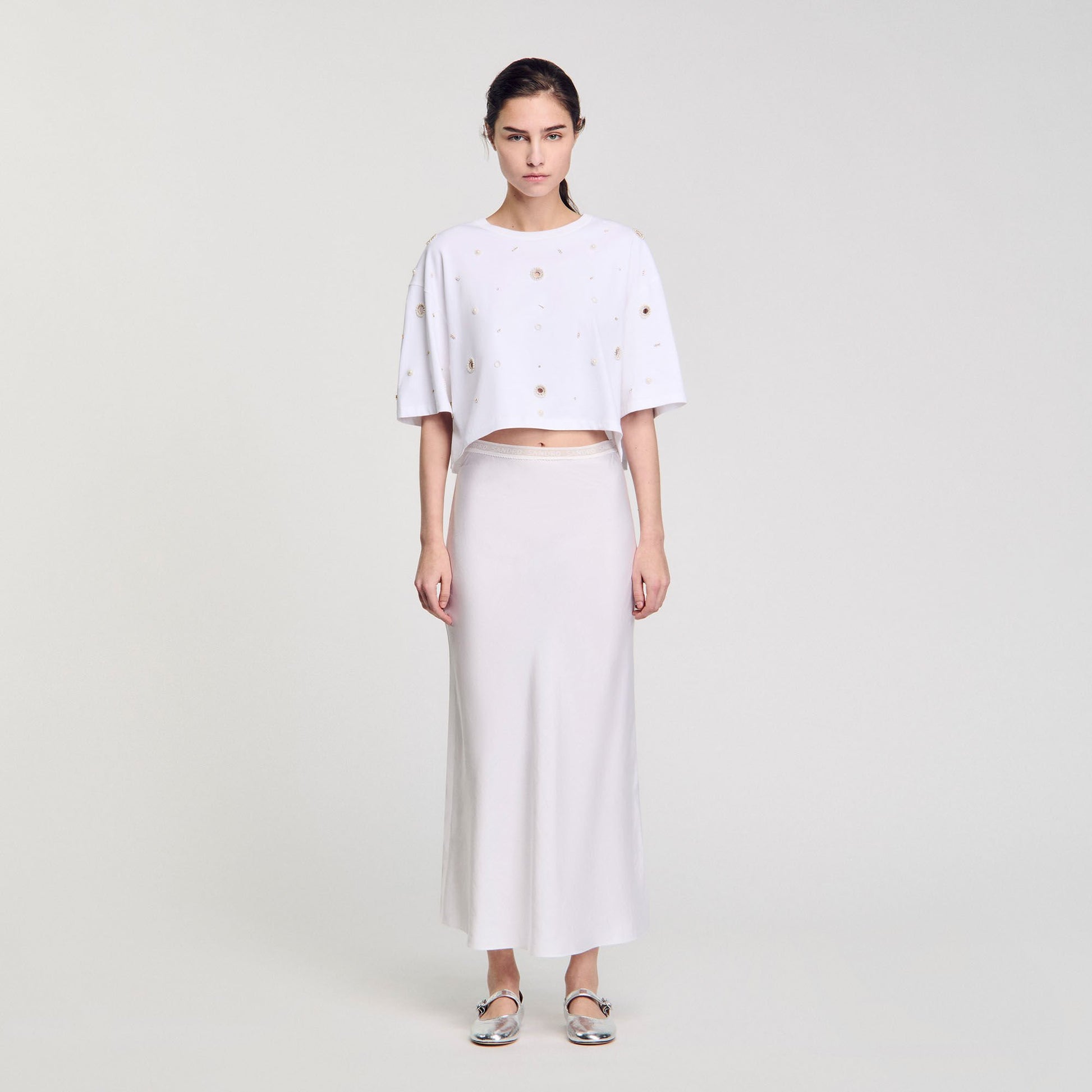 Sandro Cropped pearl bead T-shirt White