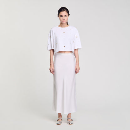 Sandro Cropped pearl bead T-shirt White