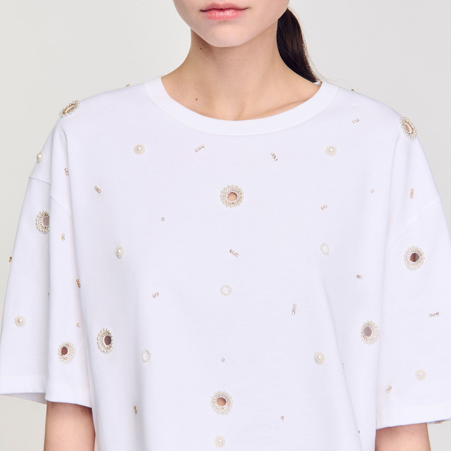 Sandro Cropped pearl bead T-shirt White