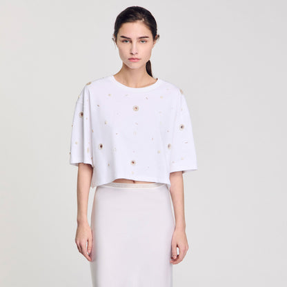 Sandro Cropped pearl bead T-shirt White