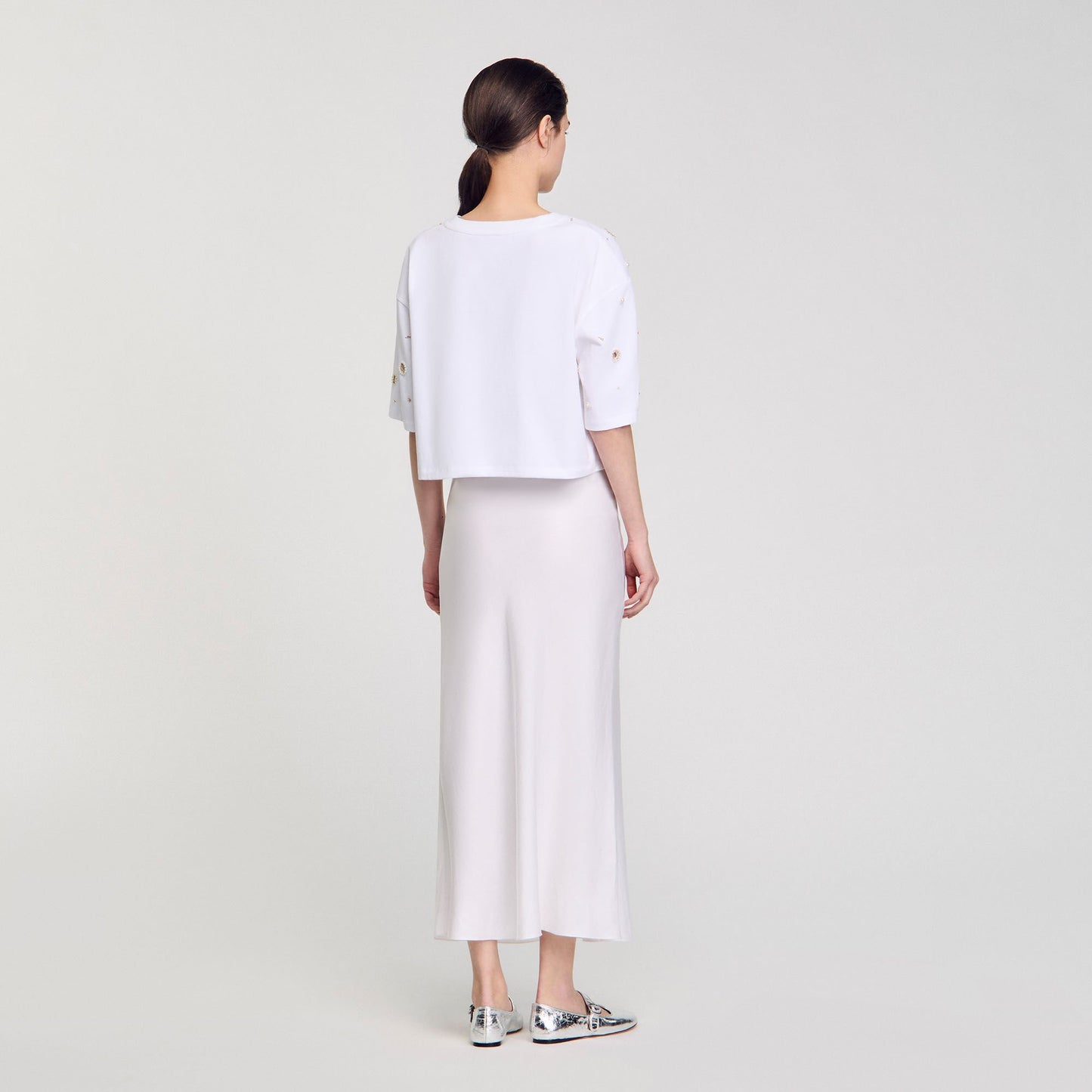 Sandro Cropped pearl bead T-shirt White