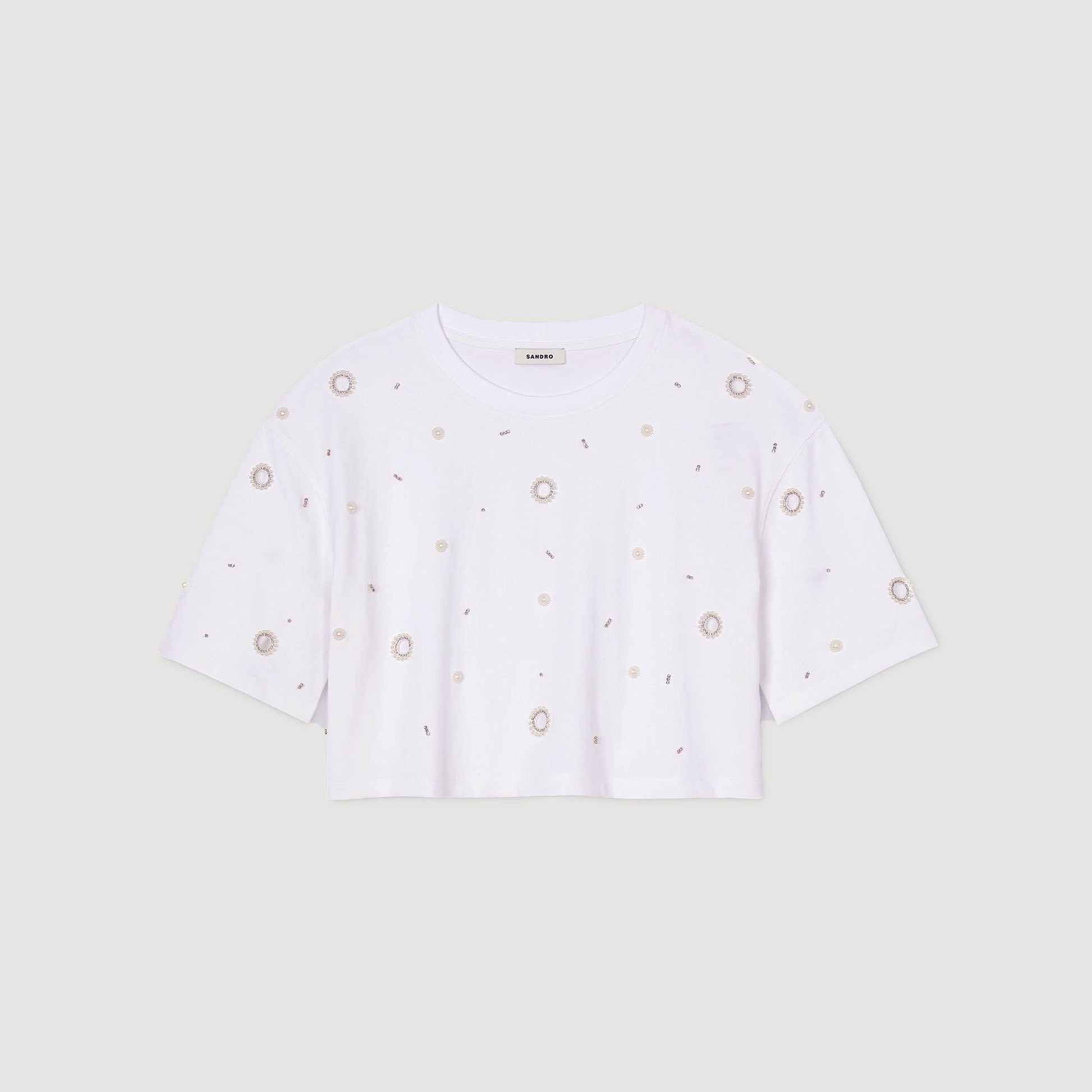 Sandro Cropped pearl bead T-shirt White