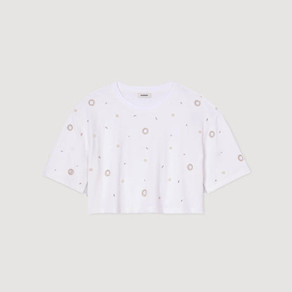 Sandro Cropped pearl bead T-shirt White
