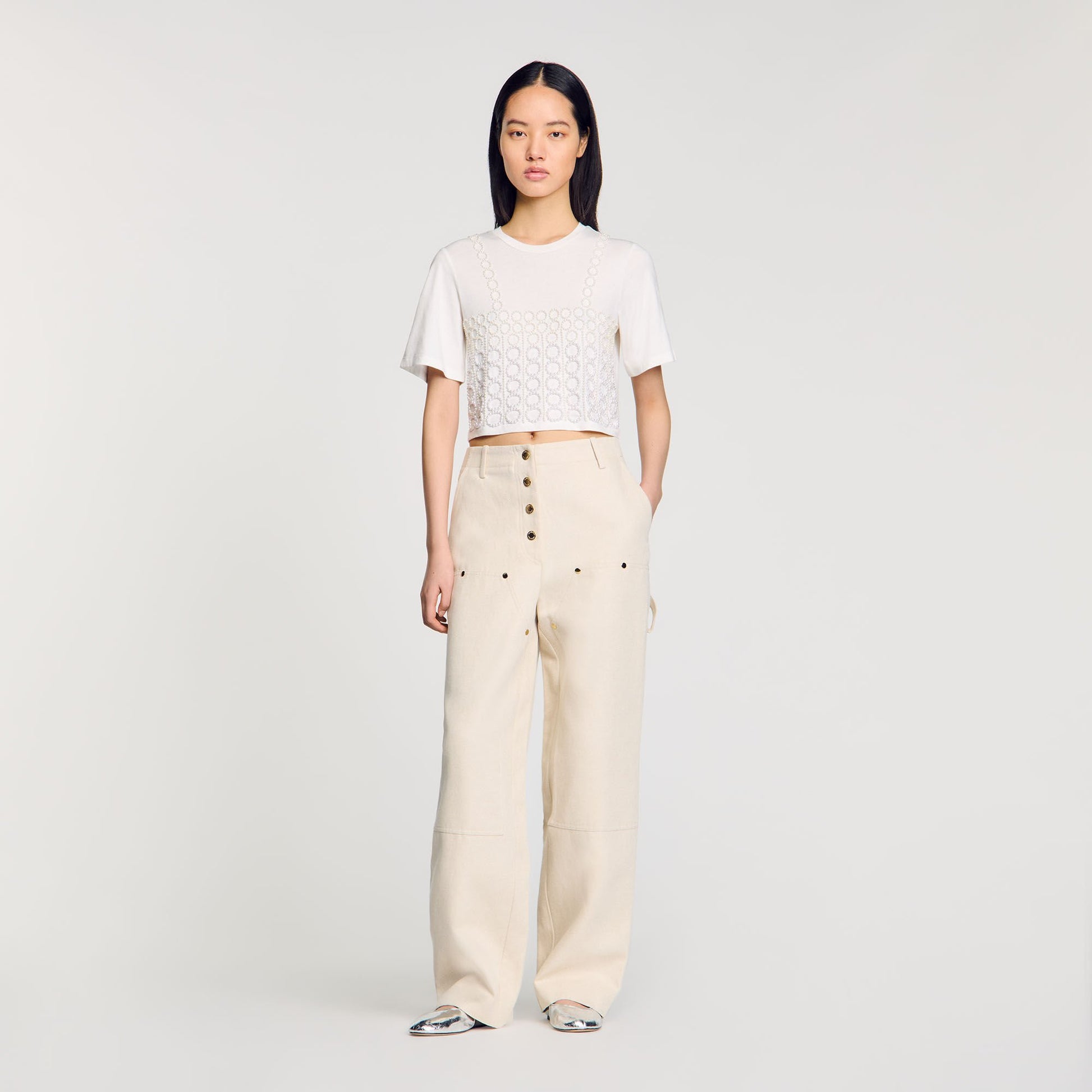 Sandro Beaded cropped T-shirt White