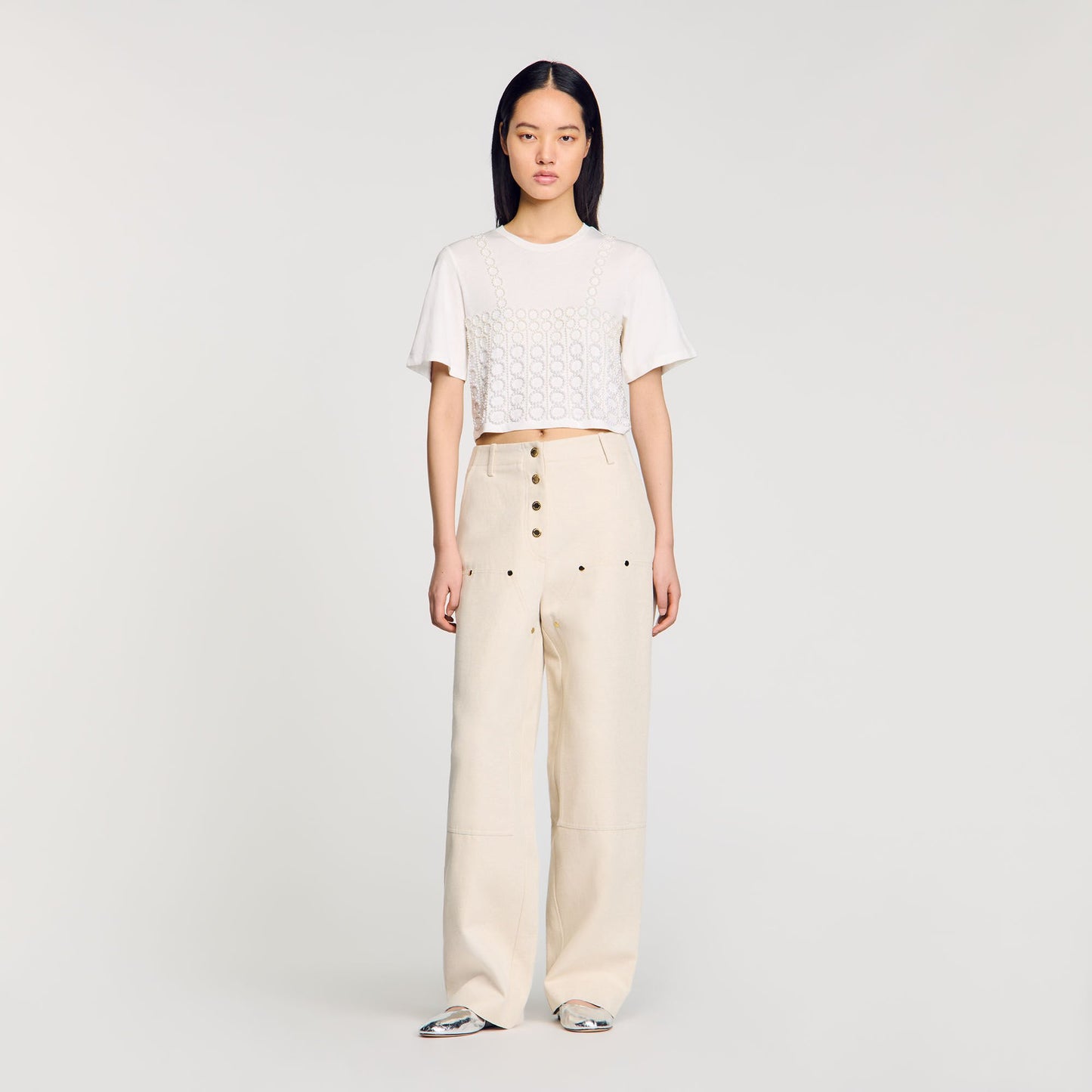 Sandro Beaded cropped T-shirt White