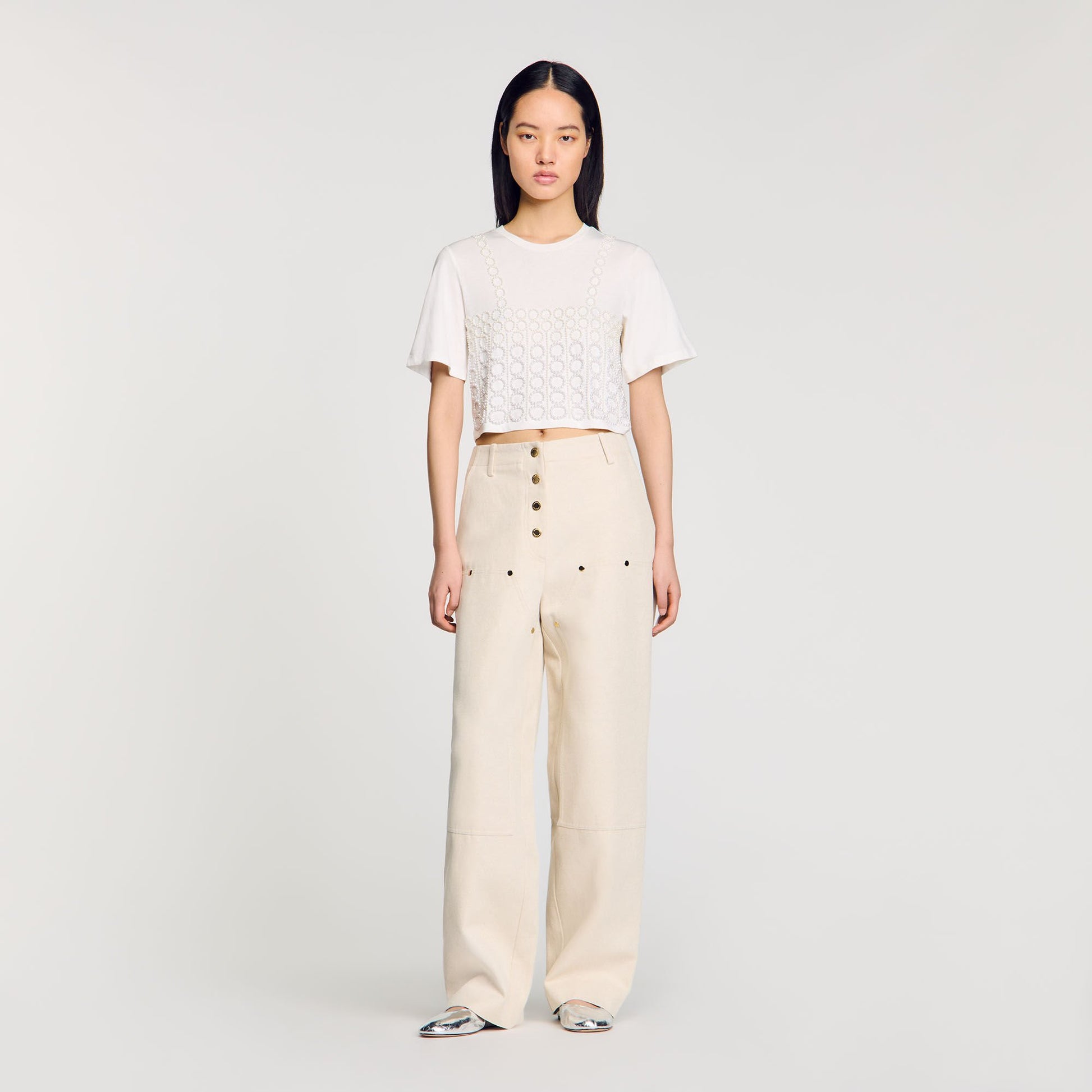 Sandro Beaded cropped T-shirt White