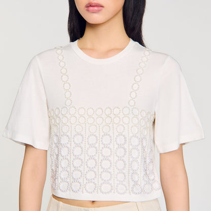 Sandro Beaded cropped T-shirt White