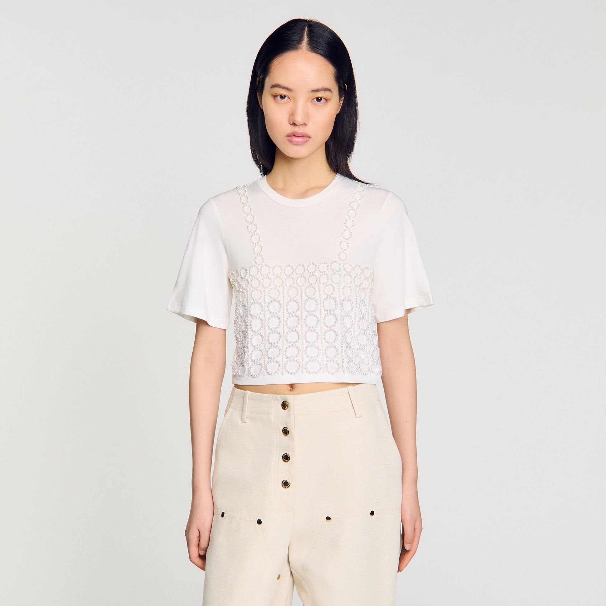 Sandro Beaded cropped T-shirt White
