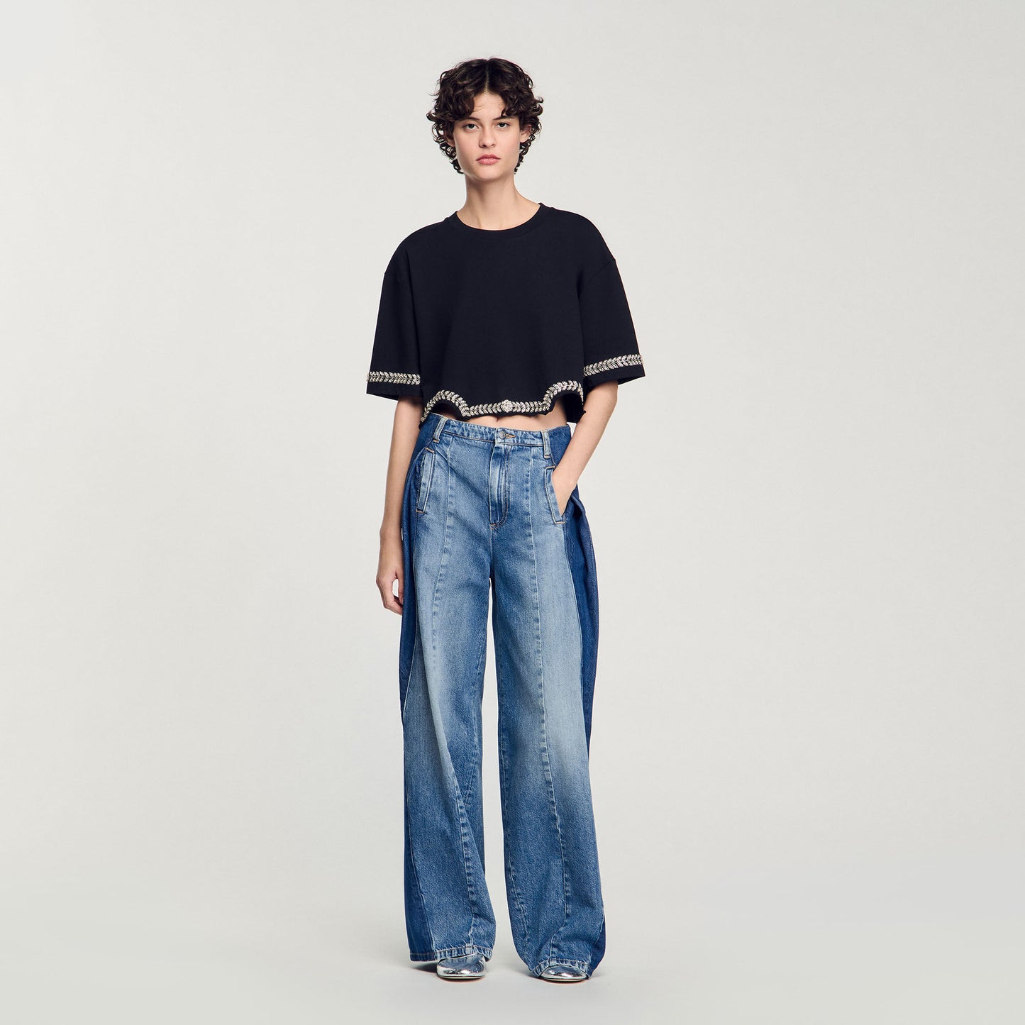 Sandro Rhinestone cropped T-shirt Black