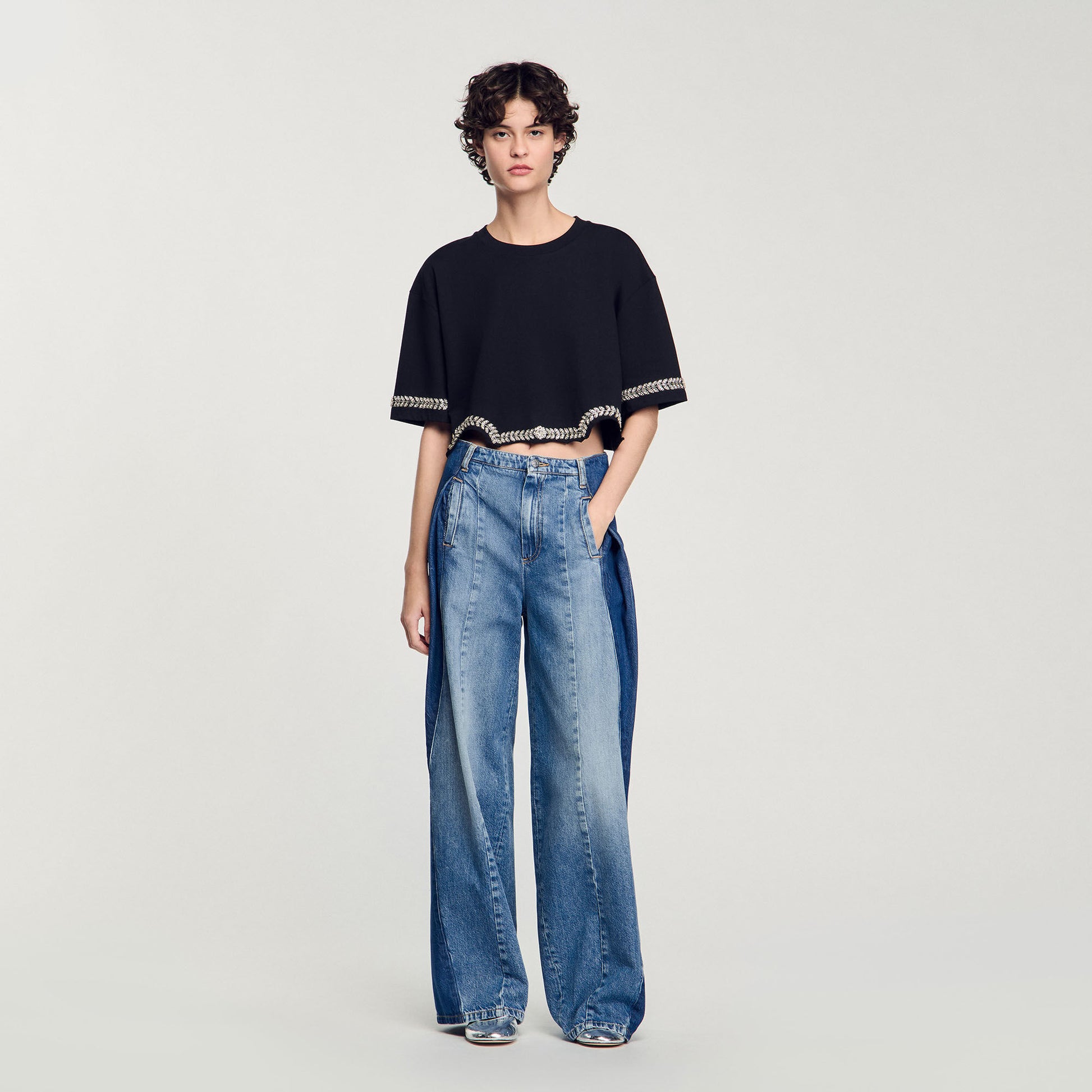 Sandro Rhinestone cropped T-shirt Black
