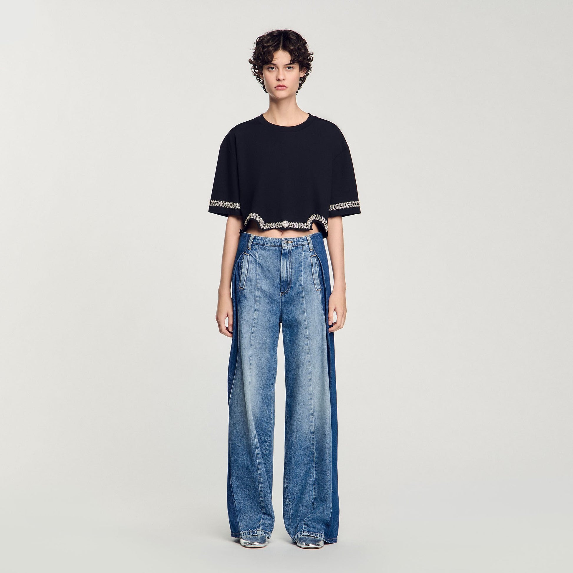 Sandro Rhinestone cropped T-shirt Black