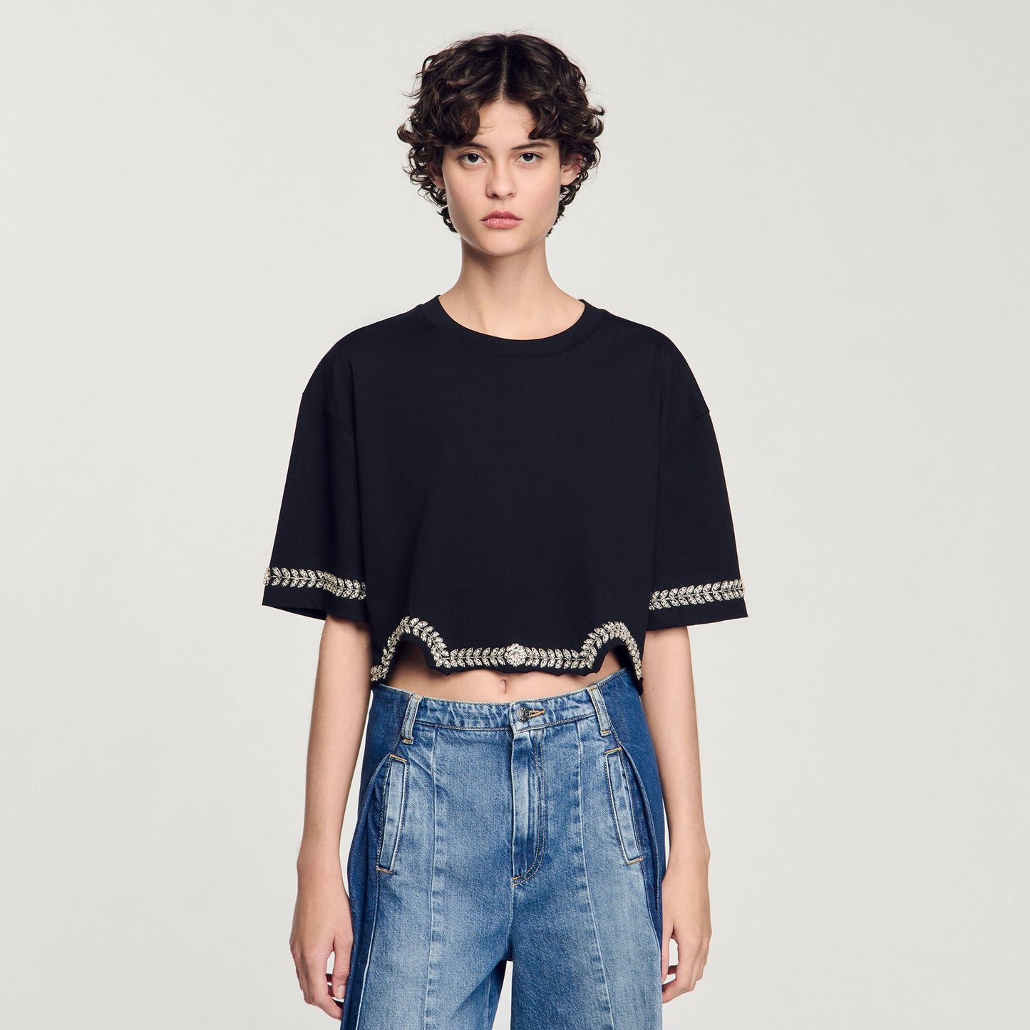 Sandro Rhinestone cropped T-shirt Black