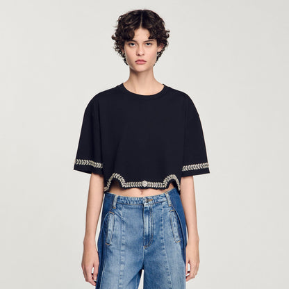 Sandro Rhinestone cropped T-shirt Black