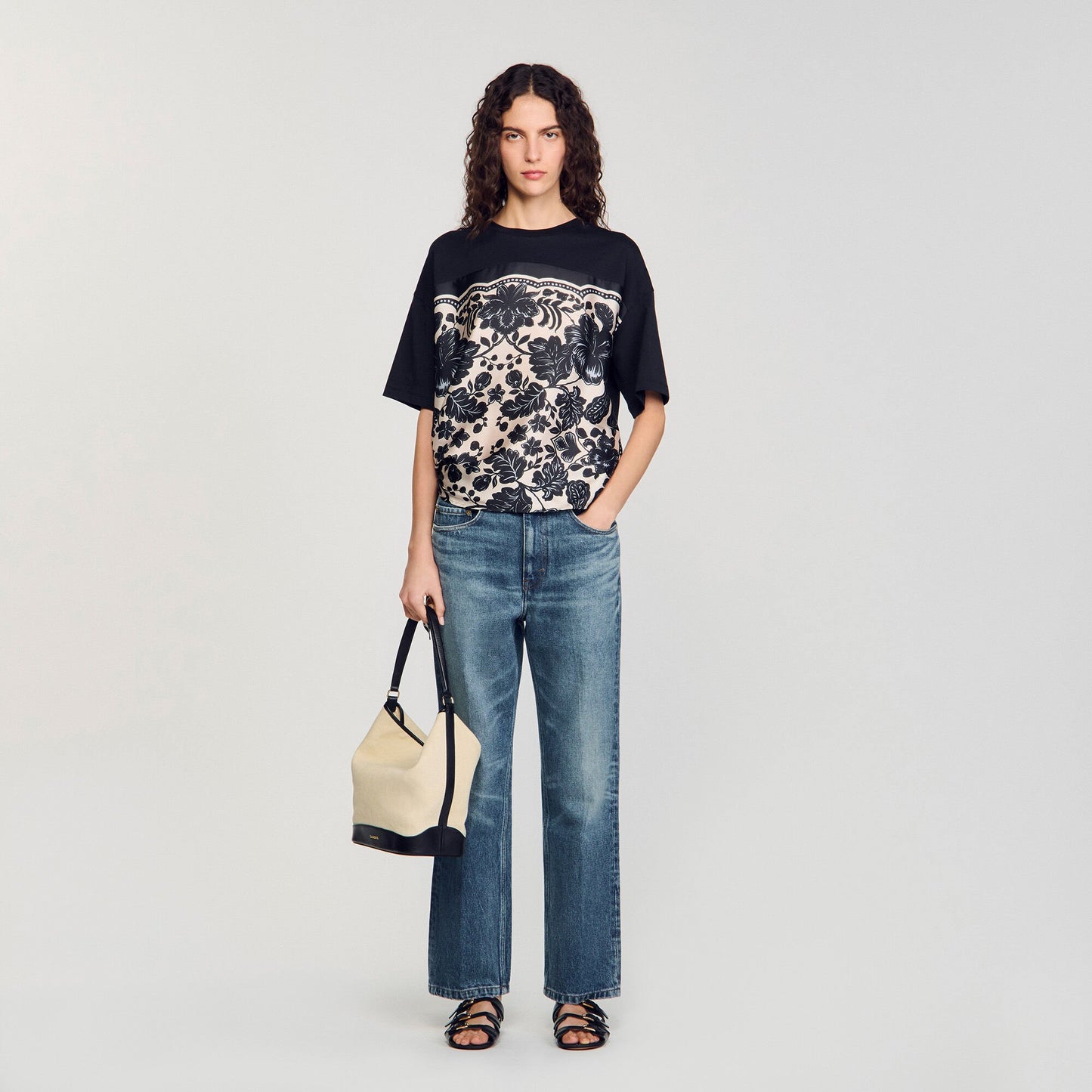 Sandro Floral motif T-shirt Ecru / Black