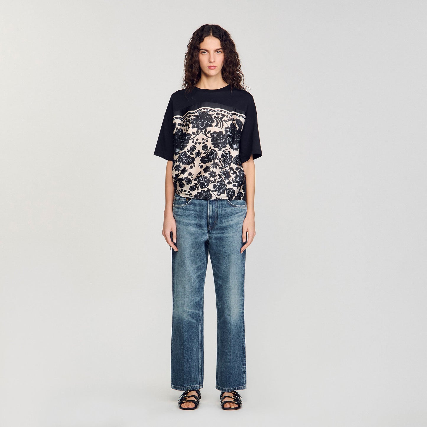 Sandro Floral motif T-shirt Ecru / Black