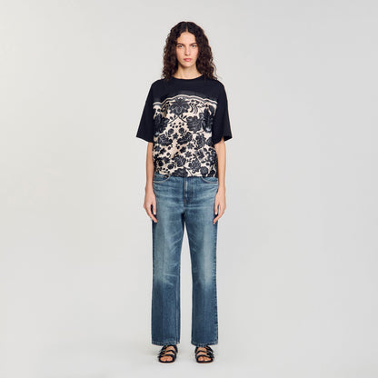 Sandro Floral motif T-shirt Ecru / Black