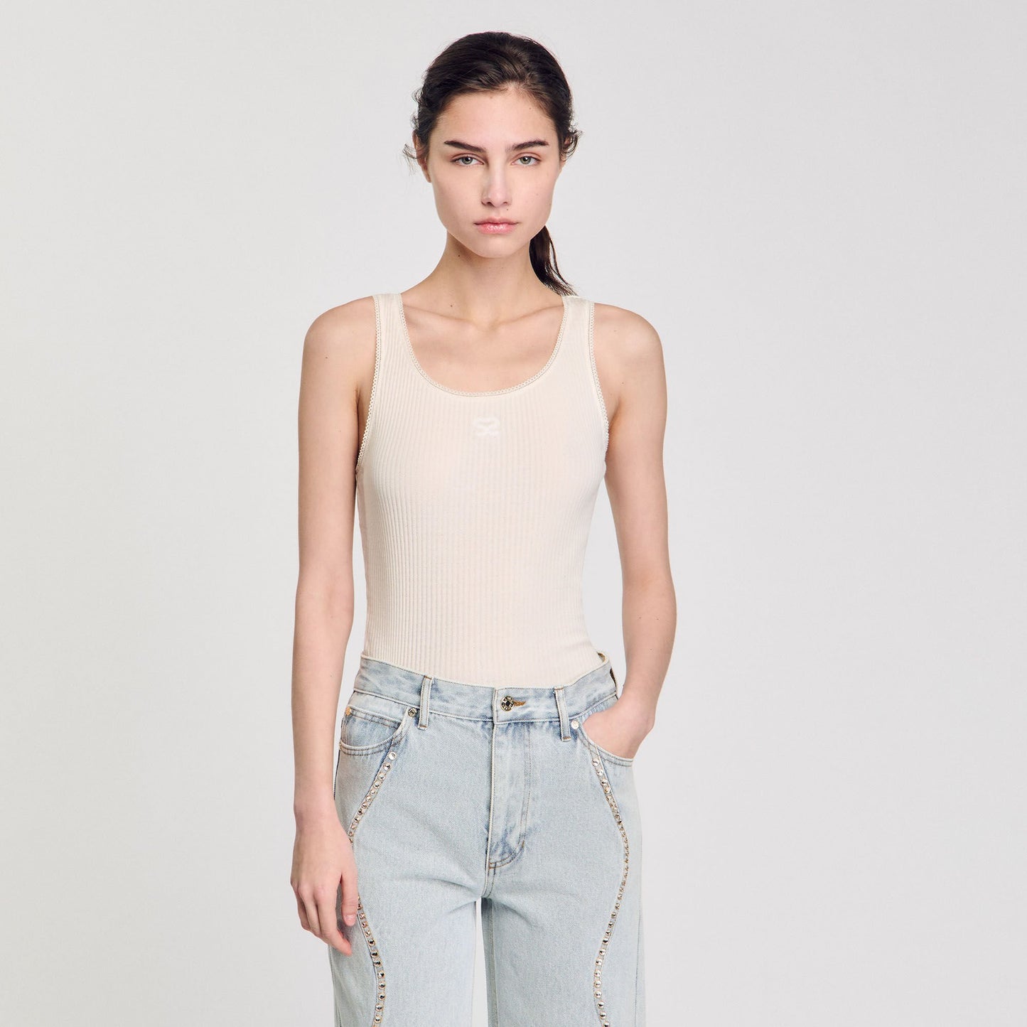 Sandro Rib knit vest top Ecru
