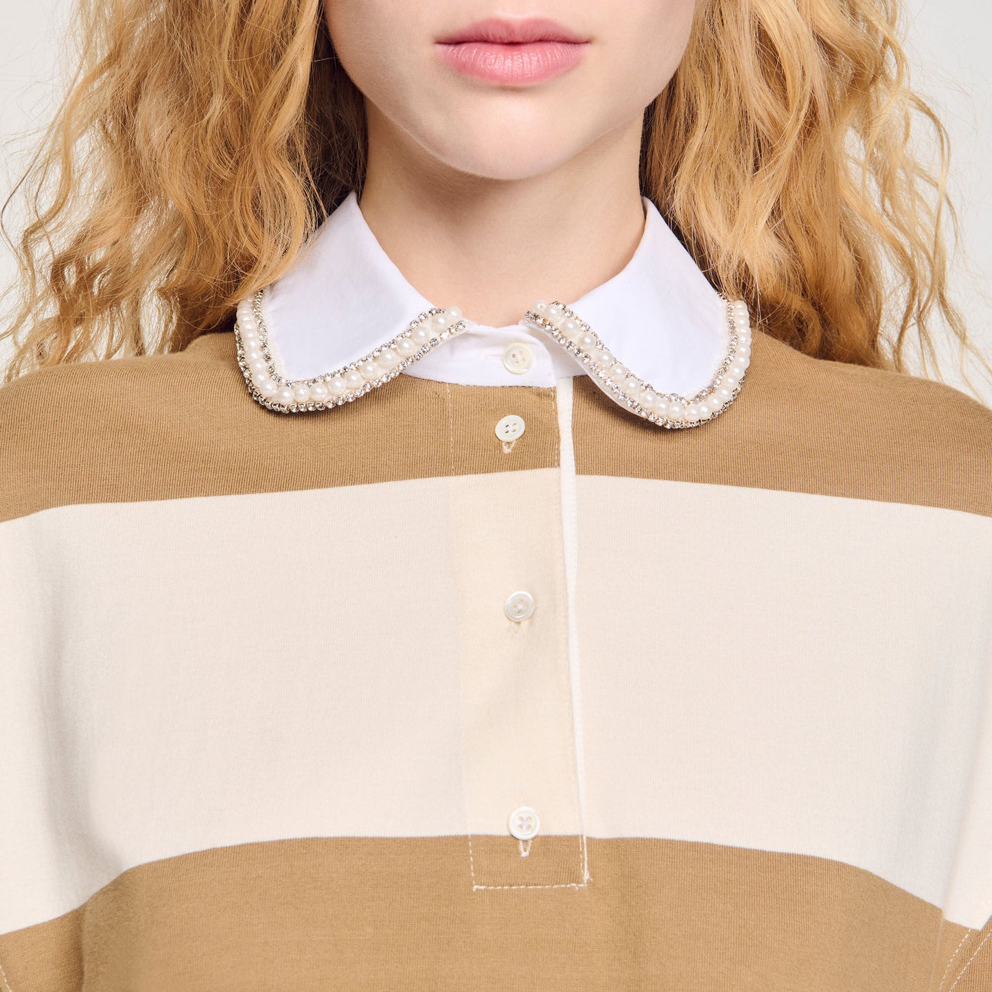 Sandro Striped polo-neck T-shirt Beige