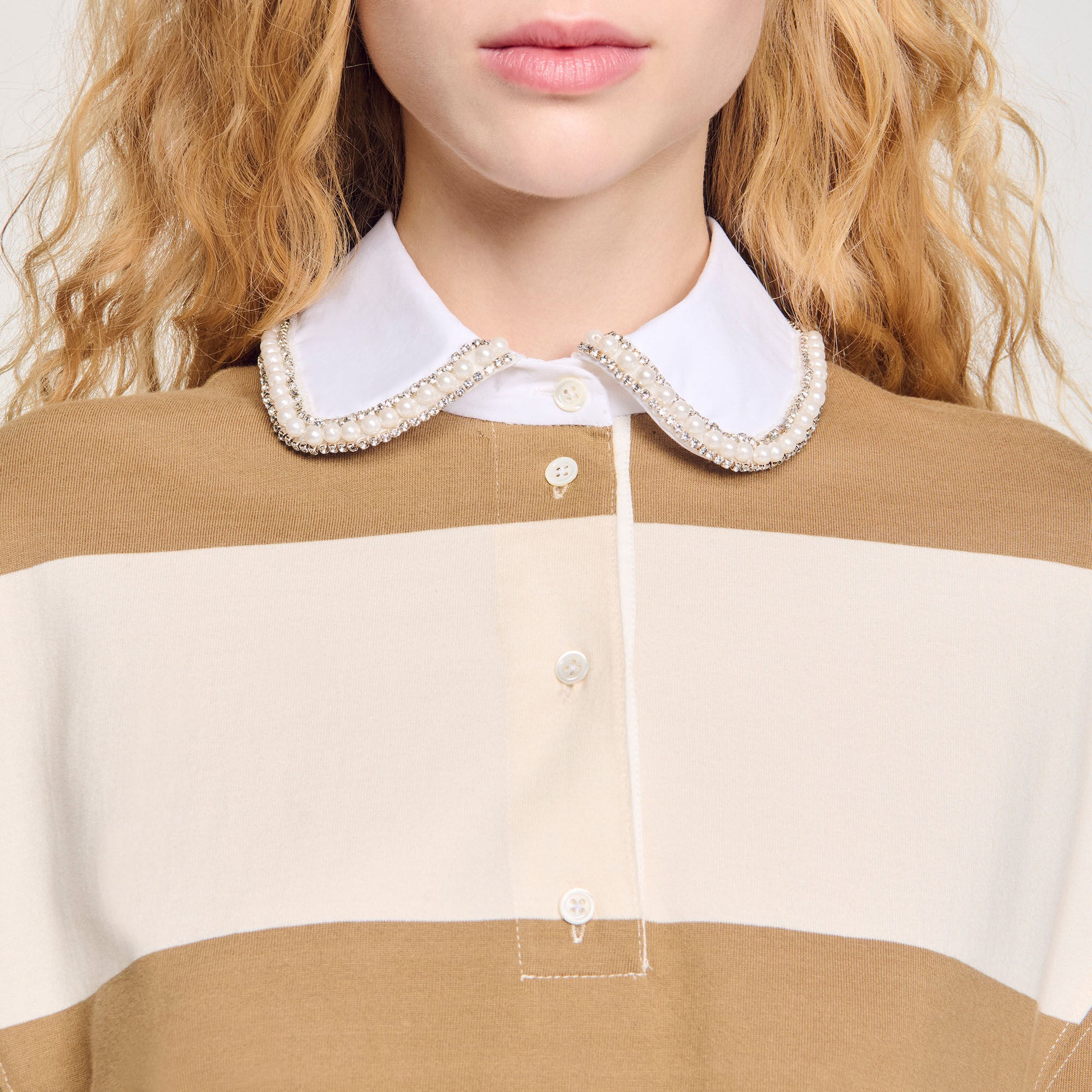 Sandro Striped polo-neck T-shirt Beige