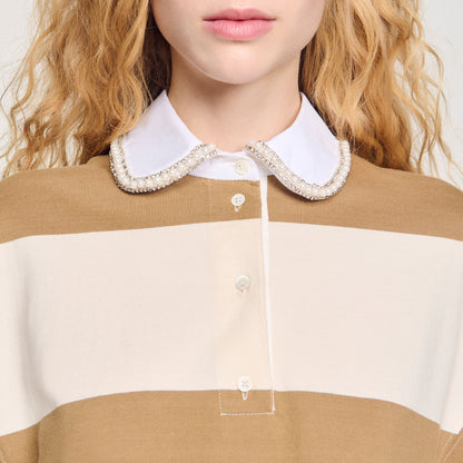 Sandro Striped polo-neck T-shirt Beige