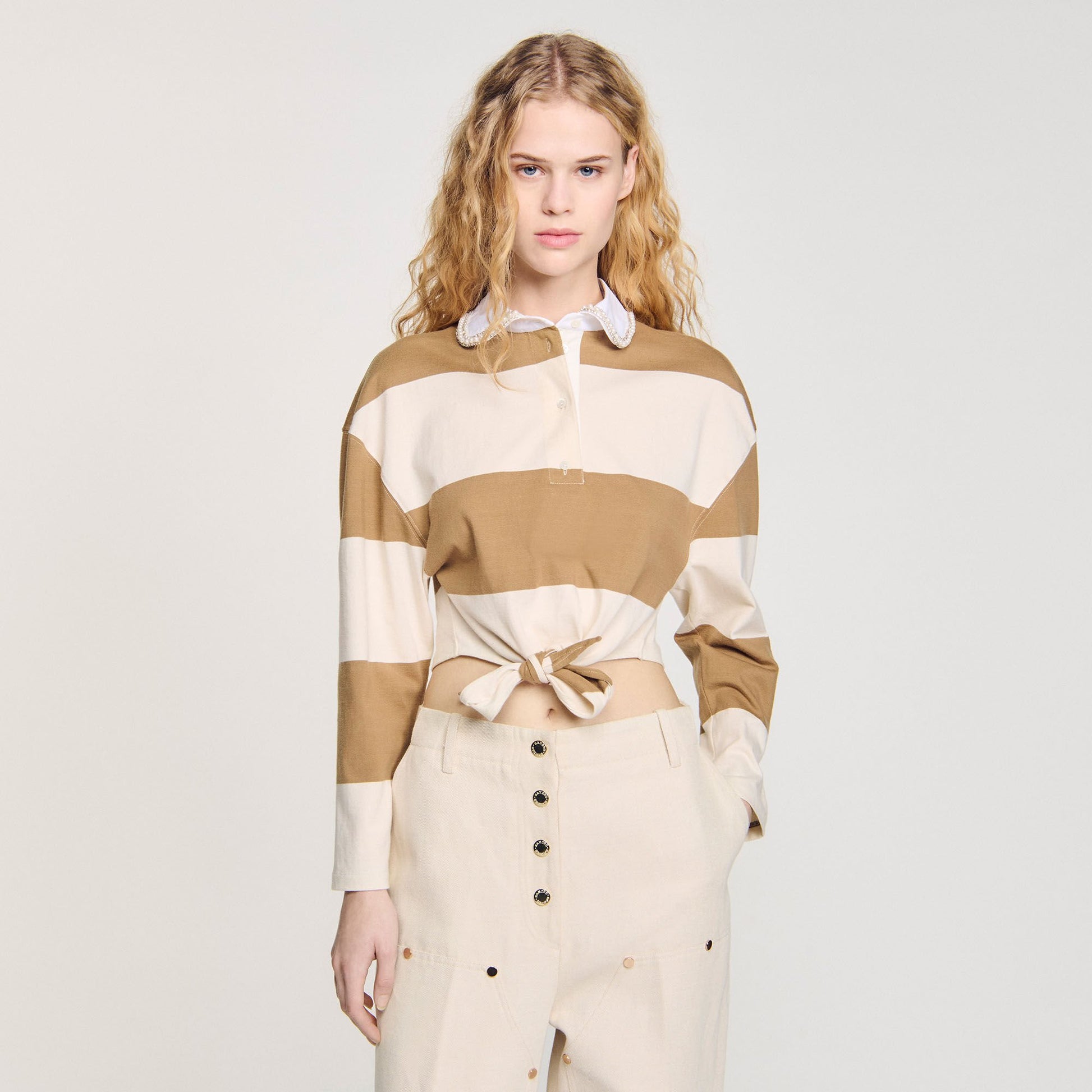 Sandro Striped polo-neck T-shirt Beige