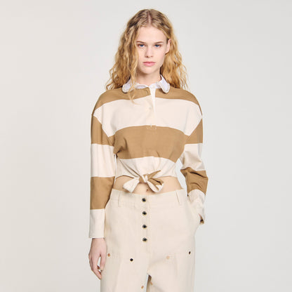 Sandro Striped polo-neck T-shirt Beige