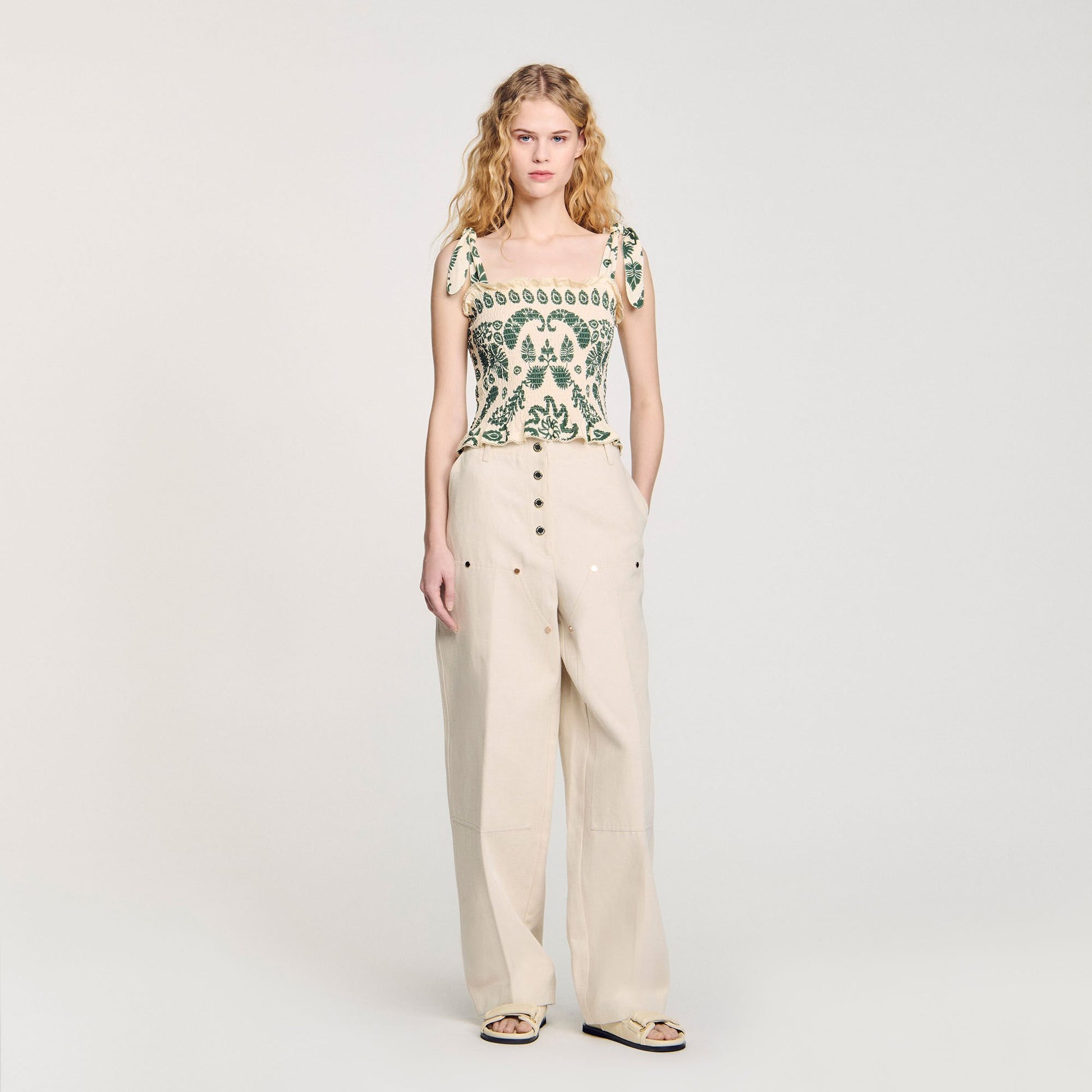 Sandro Floral motif smocked top Ecru / Green