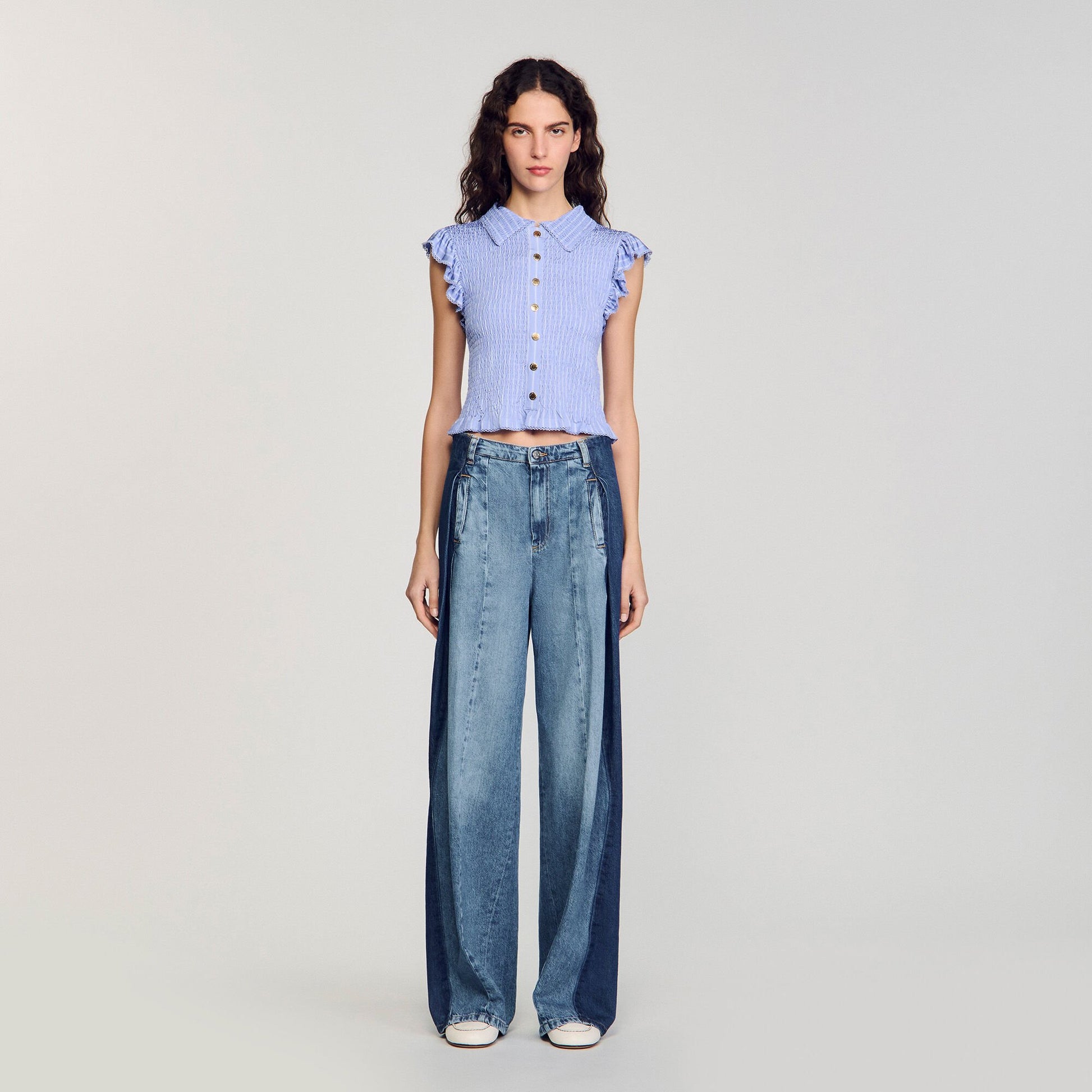 Sandro Striped smocked T-shirt Sky Blue