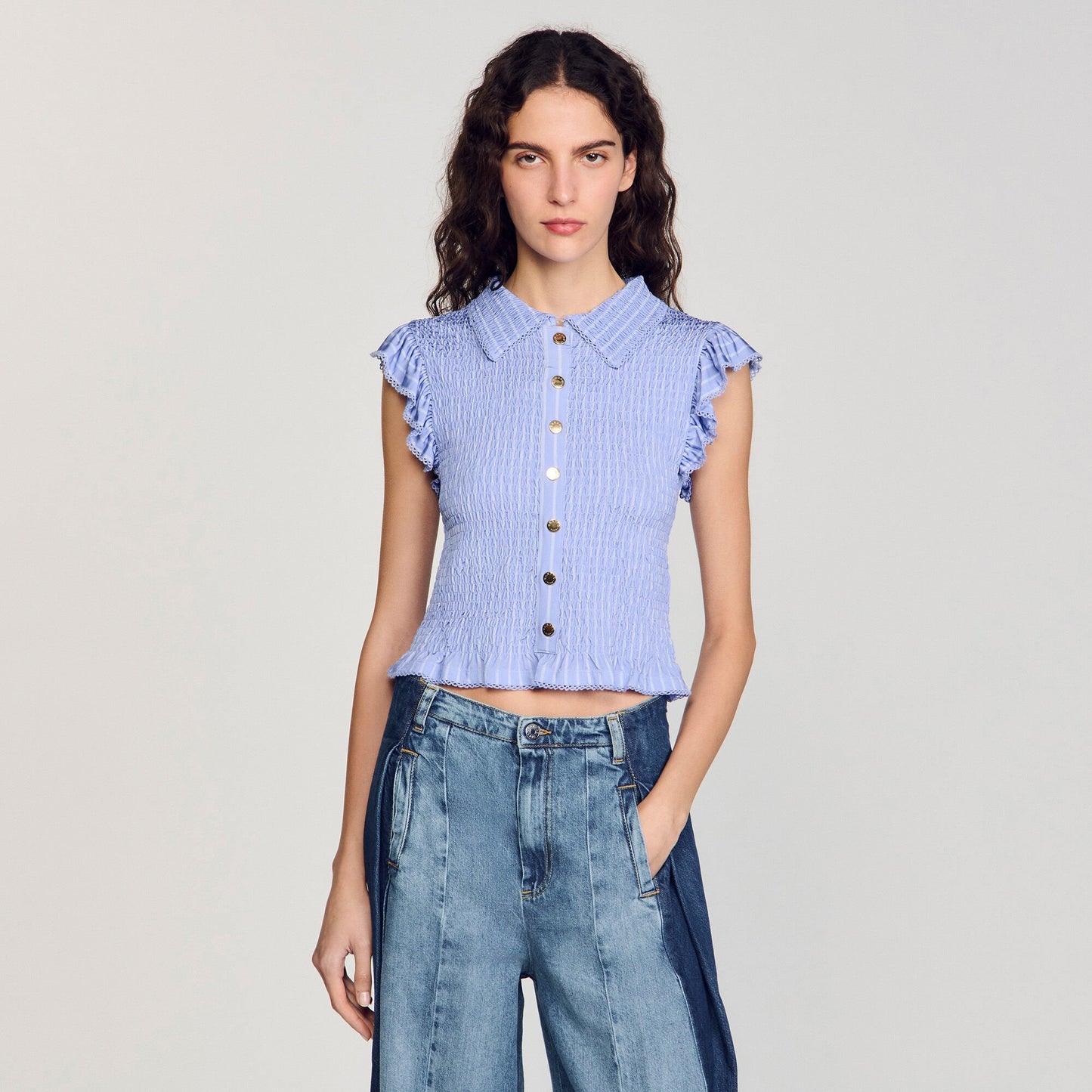 Sandro Striped smocked T-shirt Sky Blue