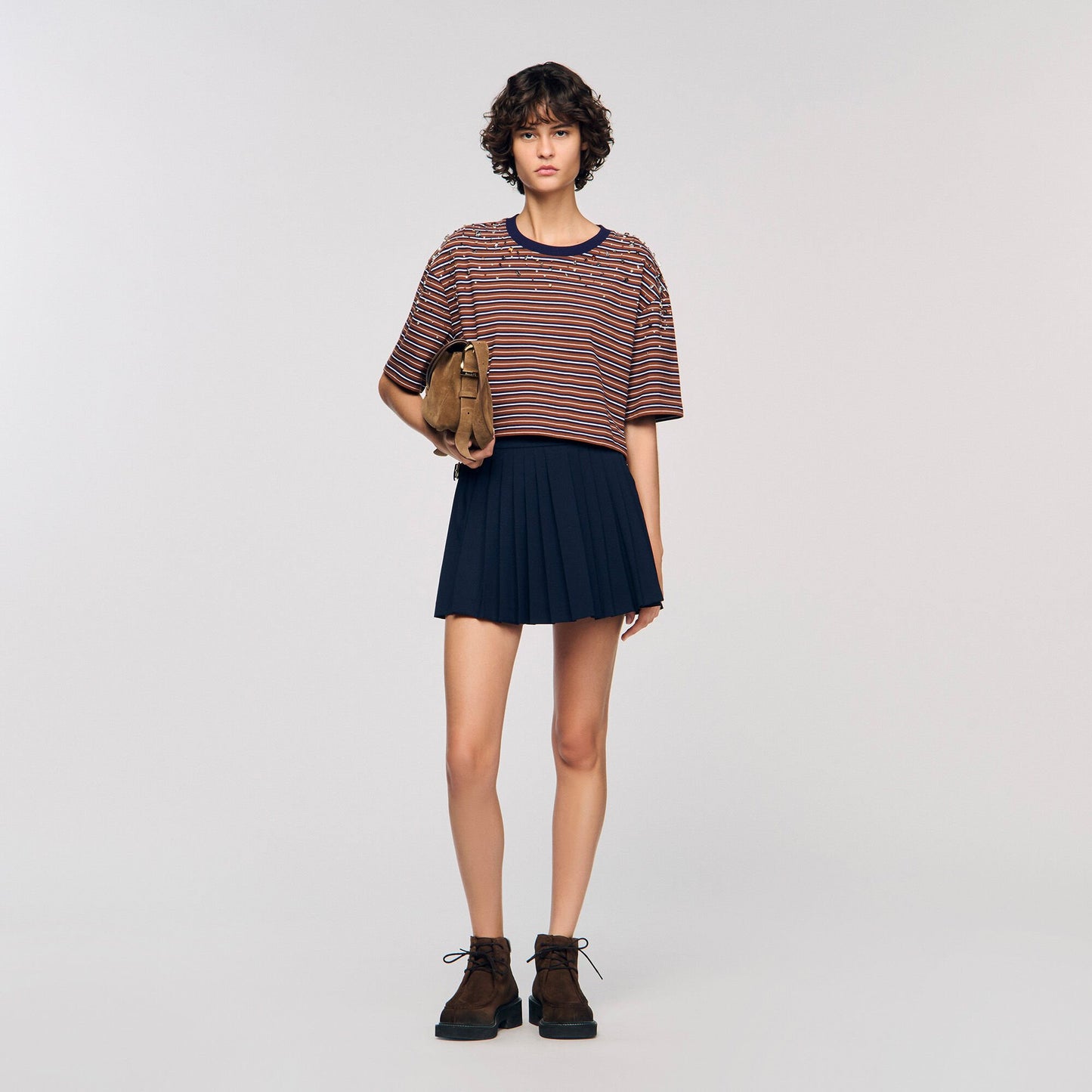 Sandro Striped rhinestone T-shirt Brown / Deep Blu
